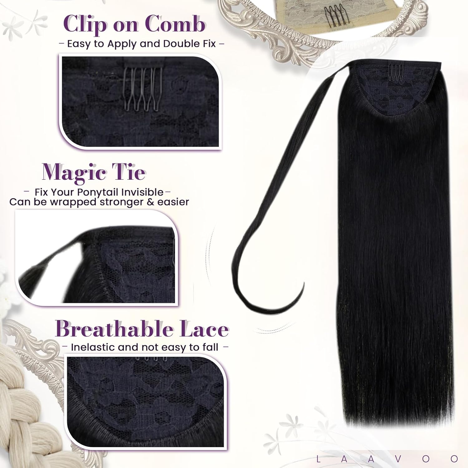 LaaVoo Ponytail Extension Human Hair Black Ponytail Extensions for Black Women Wrap Around Ponytail Hair Extensions Real Human Hair Long Straight 20 Inch 85g