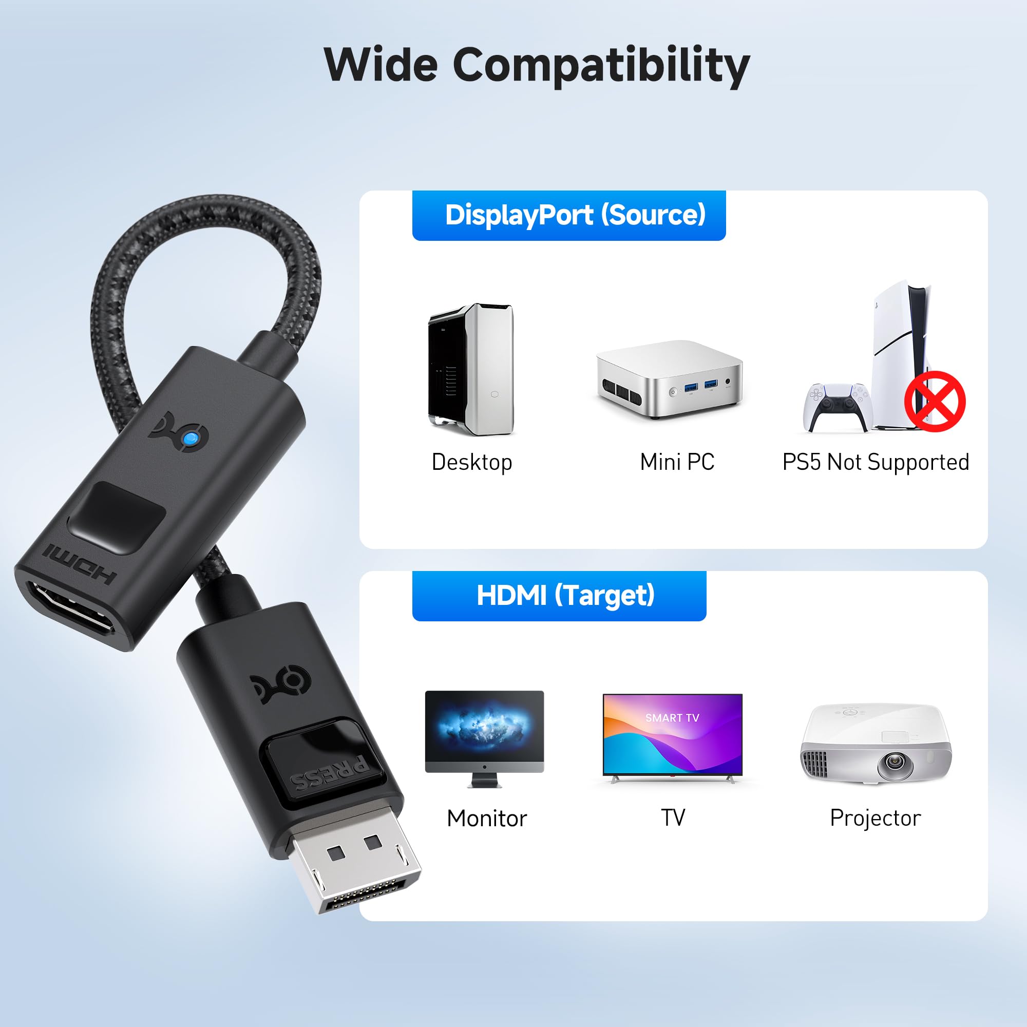 Cable Matters 8K DisplayPort 1.4 to HDMI Adapter with 4K@120Hz or 8K@60hz, Unidirectional (DP 1.4) Display Port to HDMI port 8K Cable Adapter in Black, Support for RTX 3080/3090, RX 6800/6900 and More