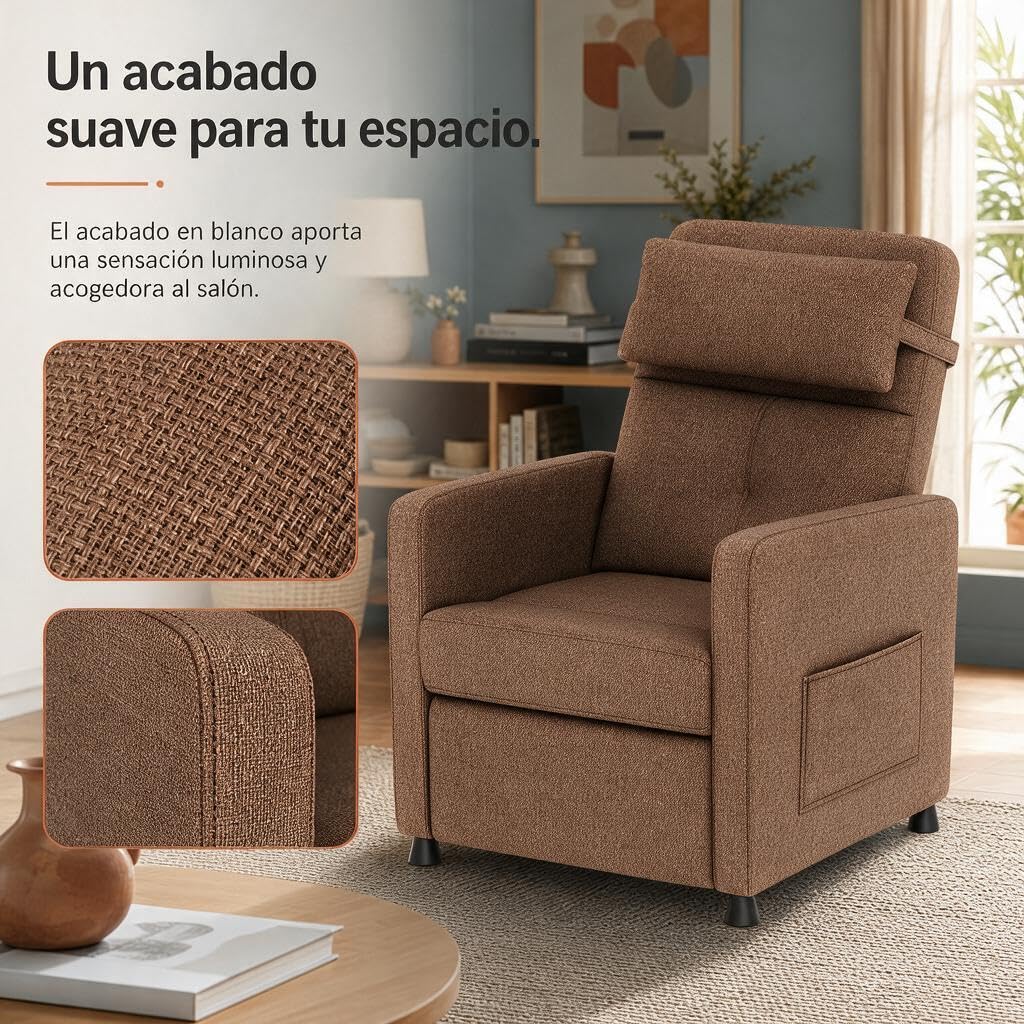 GarveeLife Sillón Relax eléctrico Masaje Calor Lino, 83x76x102 cm, Marrón | 4 puntos de masaje, calor lumbar, reclinación eléctrica 150°, mando con memoria, tejido lino y estructura de hierro en casa.