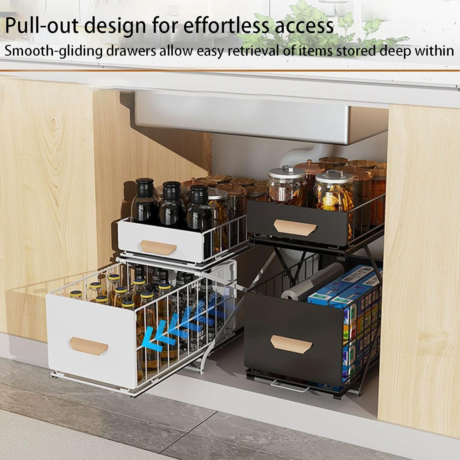 Pull Out Under Sink Organizer Height Adjustable, 2 Tier Pull Out Under Cabinet Organizer, Slide Out Thickened Metal Under Sink Storage for Kitchen Bathroom