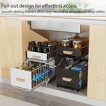 Adjustable Height Metal Under Sink Organizer, Pull Out Cabinet Organizer Shelf with Sliding Drawer for Kitchen Bathroom Spice Organizers and Storage
