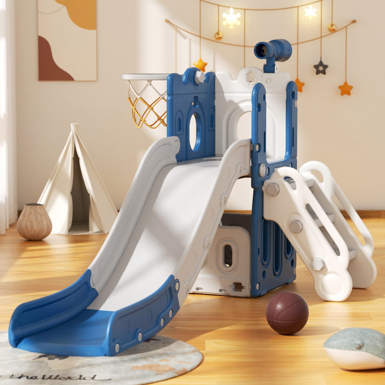 ***ONLY BOX B***XJD 5 in 1 Toddler Slide, Climber Slide for Toddlers Age 1-3, Outdoor Indoor Playset for Toddlers with Basketball Hoop and Ball, Storage Space and Non-Slip Steps Telescope (Blue-001)