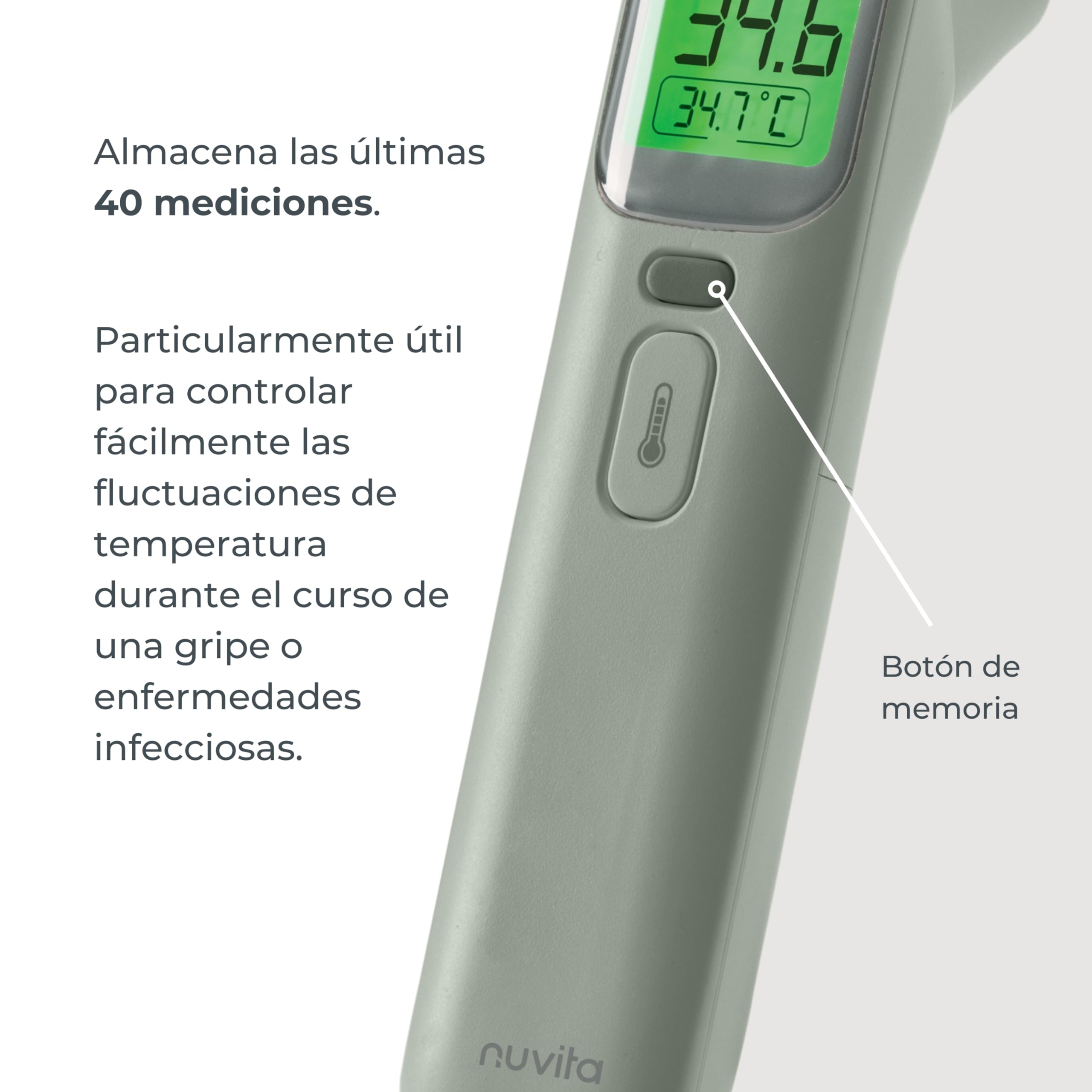 Nuvita 2075 Termómetro digital de frente y oído - Lecturas rápidas en 1 segundo, 4 modos, memoria avanzada y alarmas precisas
