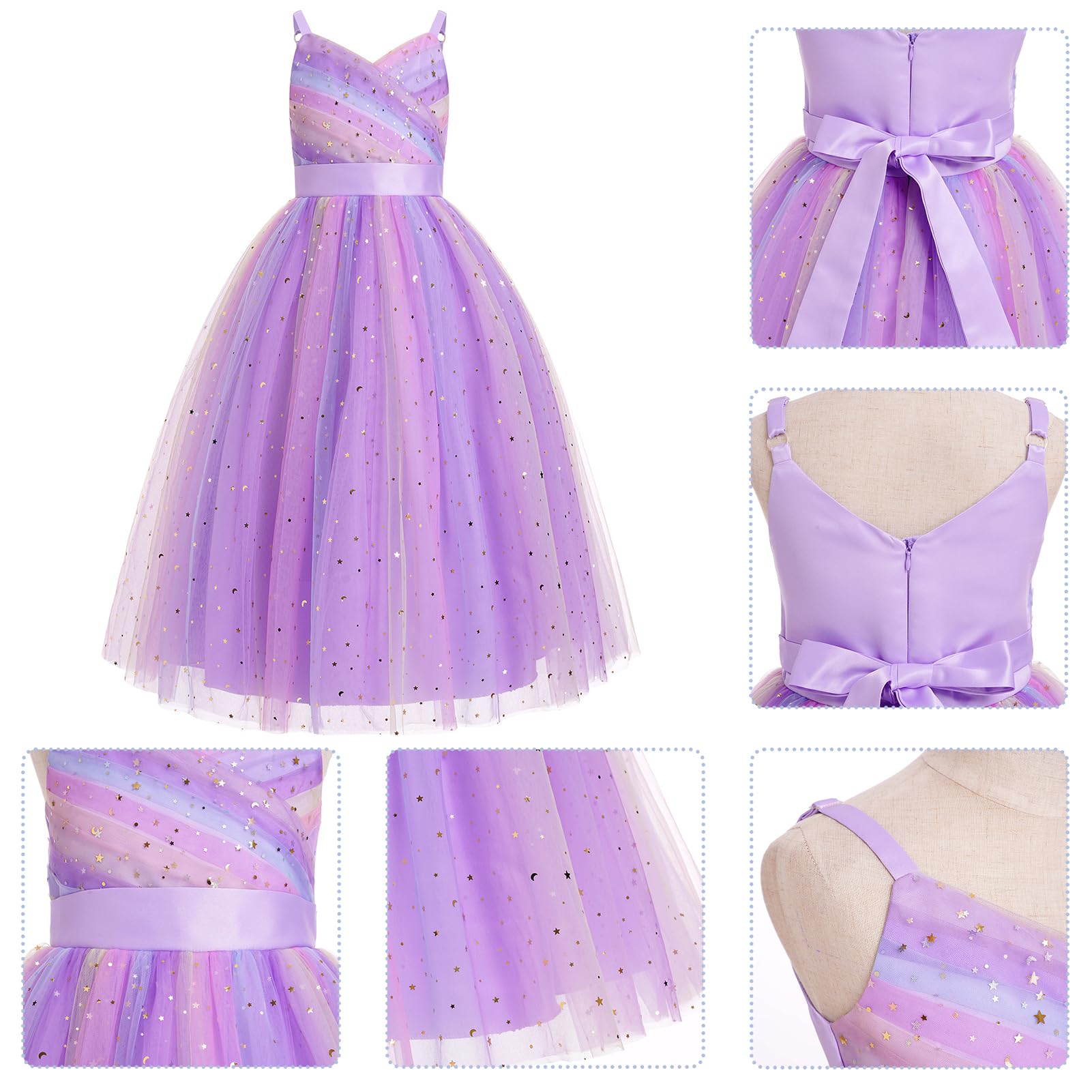 IWEMEK Vestito da cerimonia nuziale lungo abito da damigella d'onore tutù principessa spaghetti senza maniche battesimo festa compleanno sera cocktail per bambini 6-14 anni