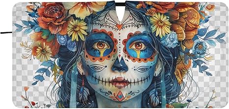 Windshield Sun Shades Sugar Skull Colorful Floral Foldable Car Sun Shade for Front Window for Car Sedans SUV Trucks Funny Cute Cool Anime Car Sun Shade Keep Your Vehicle Cool S