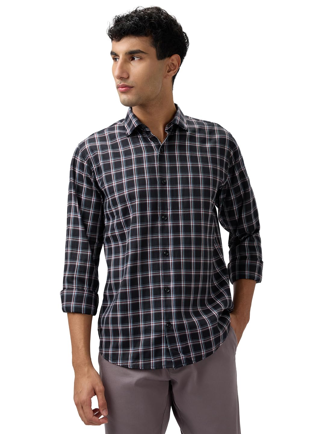 Men Slim Fit Checks Pattern Poly Cotton Blend Semi Cutaway Collar Full Sleeve Casual Shirt-image-47