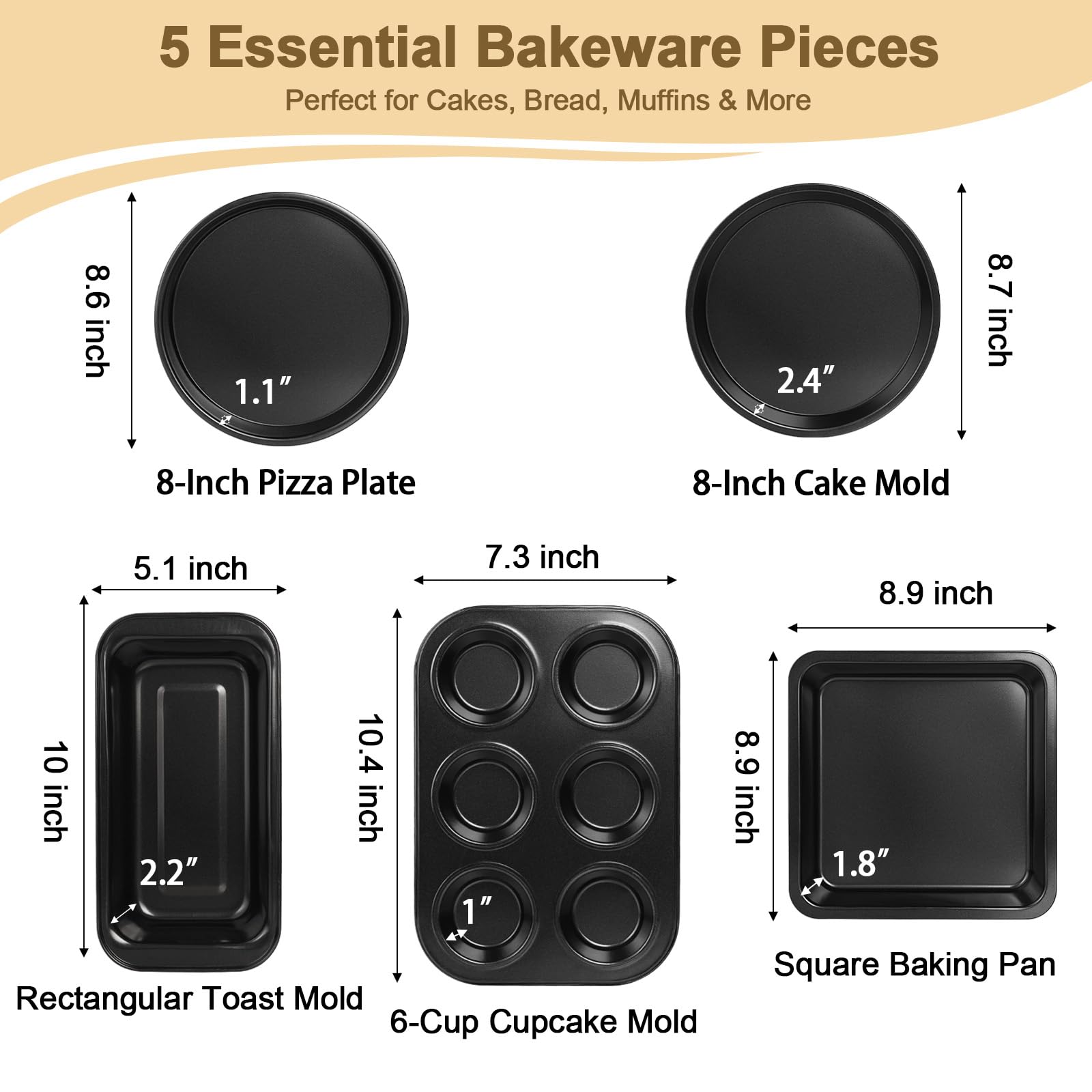 5-teiliges Antihaft-Backformen-Set – schwerer Karbonstahl, schwarz – inklusive Kuchen, Toast, Pizza, quadratisch und Muffinformen – ofen- und spülmaschinenfest
