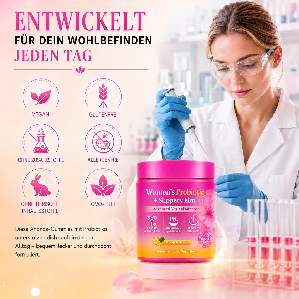 Probiotika Gummies für Frauen, 60 Stück – Cortisol Cocktail Routine, Milchsäurebakterienkulturen mit Roter Ulmenrinde & XOS, Ananasgeschmack, zuckerfrei, vegan, glutenfrei