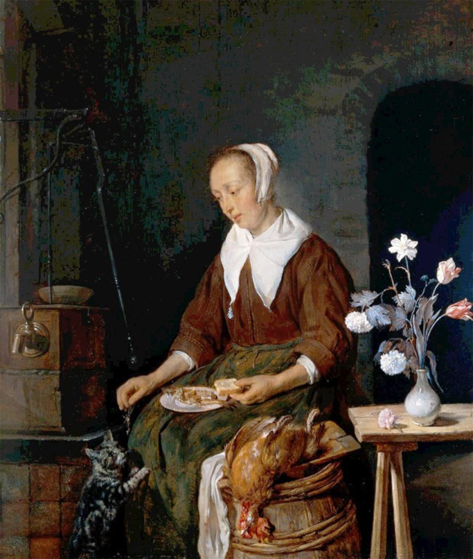 SERENDIPITP Vintage Wall Art Canvas Nordic Poster Canvas Print Picture Woman Eating and Feeding Her Cat Gabriel Metsu Wall Art Poster for Home Decor 60x90cm