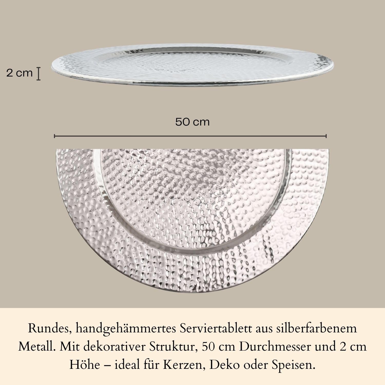 Bandeja para servir de diseño Nizza hecha a mano de aluminio en plata, 50 cm