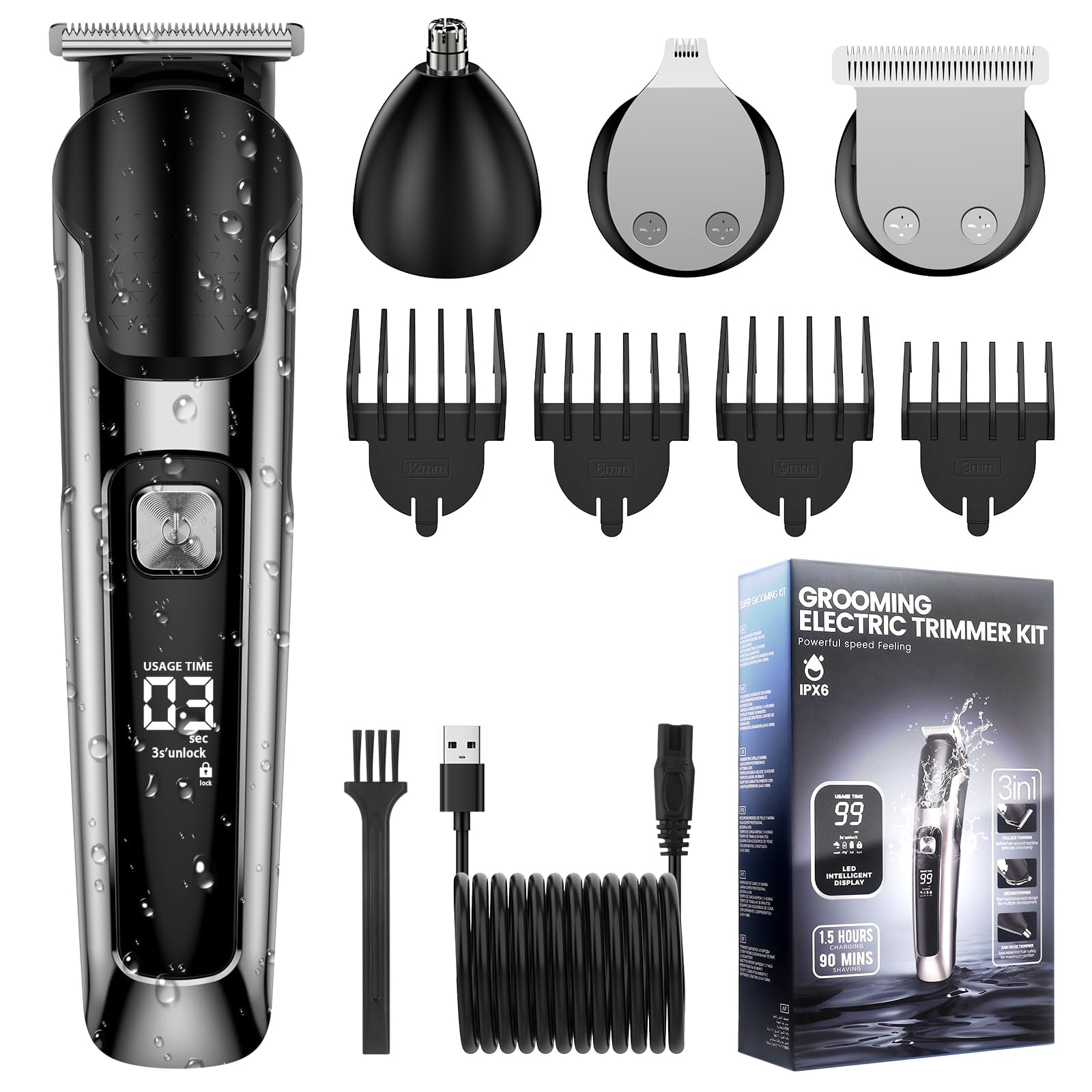 Barttrimmer Herren Haarschneidemaschine All-In-One Trimmer Bartschneider Nasenhaartrimmer Haarschneider, USB Wiederaufladbar Rasierer Elektrisch mit 4 Scherköpfe 5 Einsteckkämme