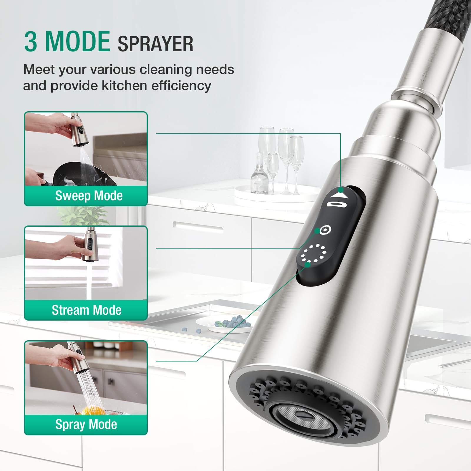 CREA Rubinetto da cucina dispenser di sapone da incasso, miscelatore da cucina con doccetta estensibile, rubinetto per lavello da cucina con 3 doccetta modalità, girevole a 360°, spazzolato