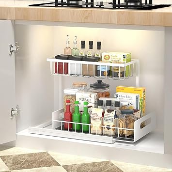 Under Sink Organizer, 2-Tier Pull Out Cabinet Organizer, Under Sink Shelf for Bathroom, Kitchen