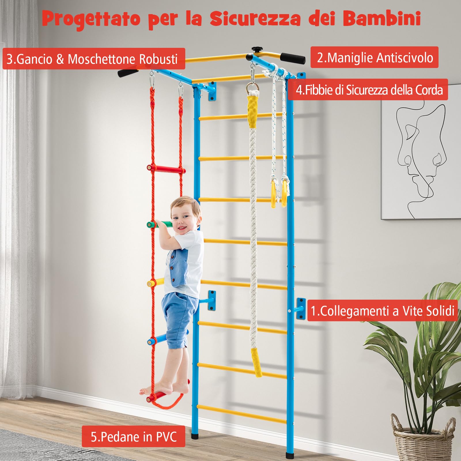 COSTWAY Set di Sbarre per Bambini, Spalliera in Acciaio da Parete per Interni, Sbarra per Trazioni, Scala a Corda, Corda e Anelli da Ginnastica per Bambini dai 3 Anni in su, 107 x 83 x 223 cm