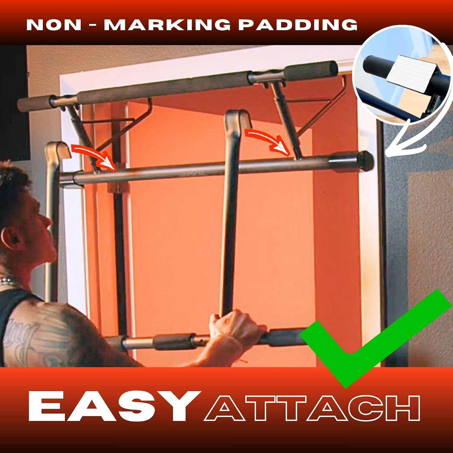 Images showing the JACKAL Pull-Up Bar and Dip Station folding flat for storage under a bed or in a closet.