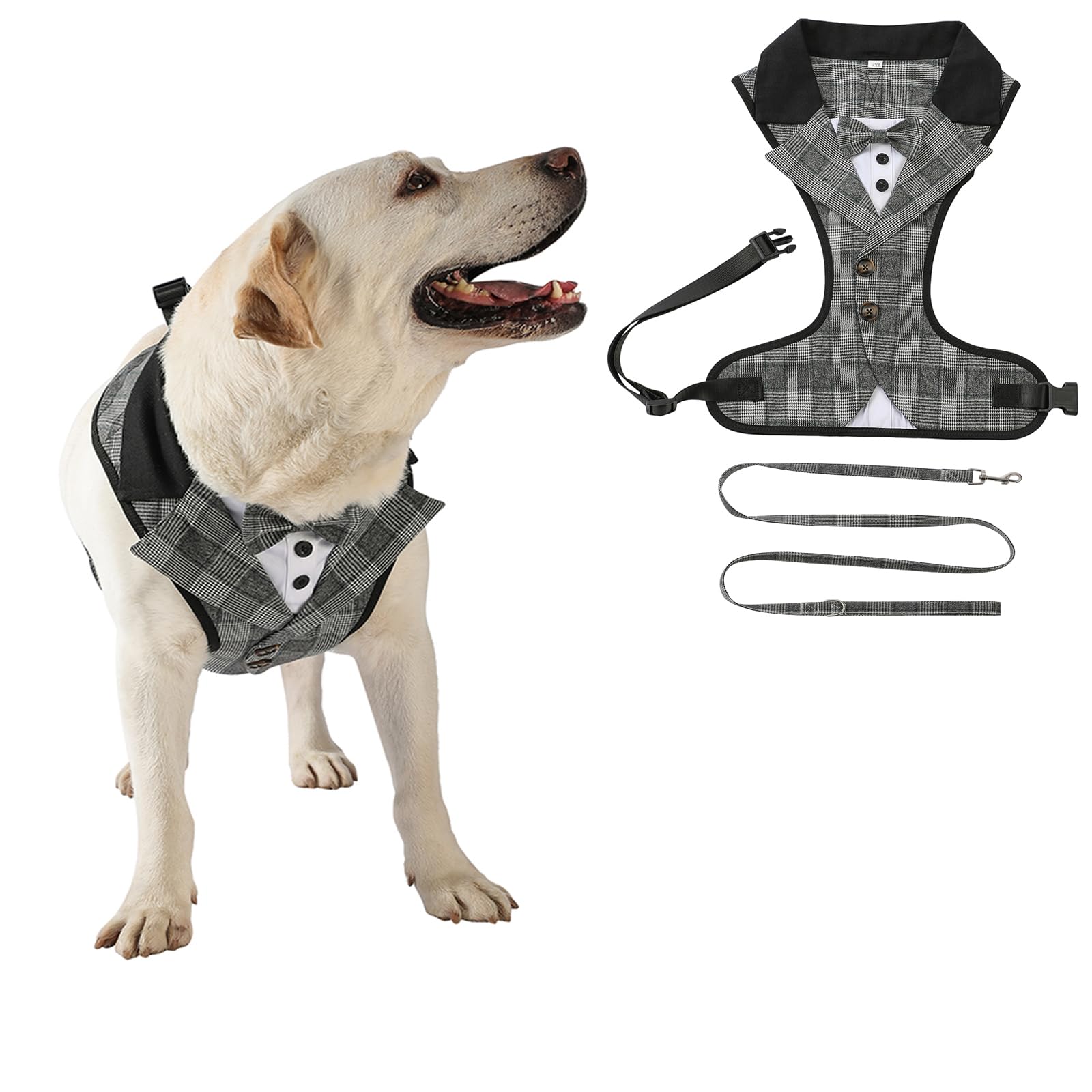 Dog Tuxedo Harness with Leash Set,Pet Formal Occasion Tailcoat Bow Harness Pet Wedding Vest Costume for Cat Puppy Small Medium Large Dogs_XL(Gray Grid)