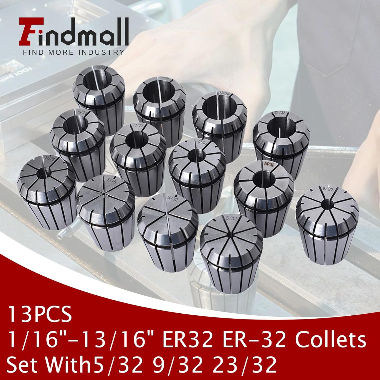 findmall Super Accuracy 13PCS 1/16"-13/16" ER32 ER-32 Collets Set With5/32 9/32 23/32