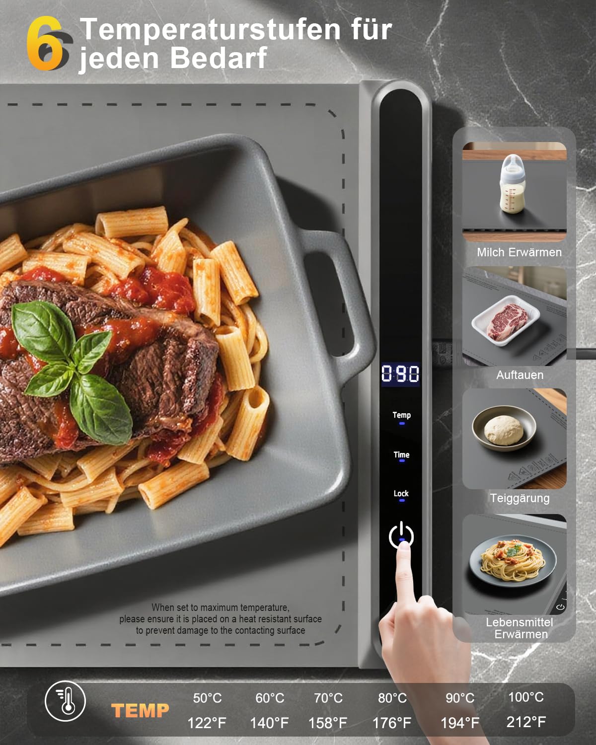 AUTOPkio Warmhalteplatte Elektrisch, Speisenwärmer Wärmeplatte 300W für Speisen Buffetwärmer 6 Temperatur & 9 Timer Automatisch, Kindersicherung für Buffets Server Party Auftauen