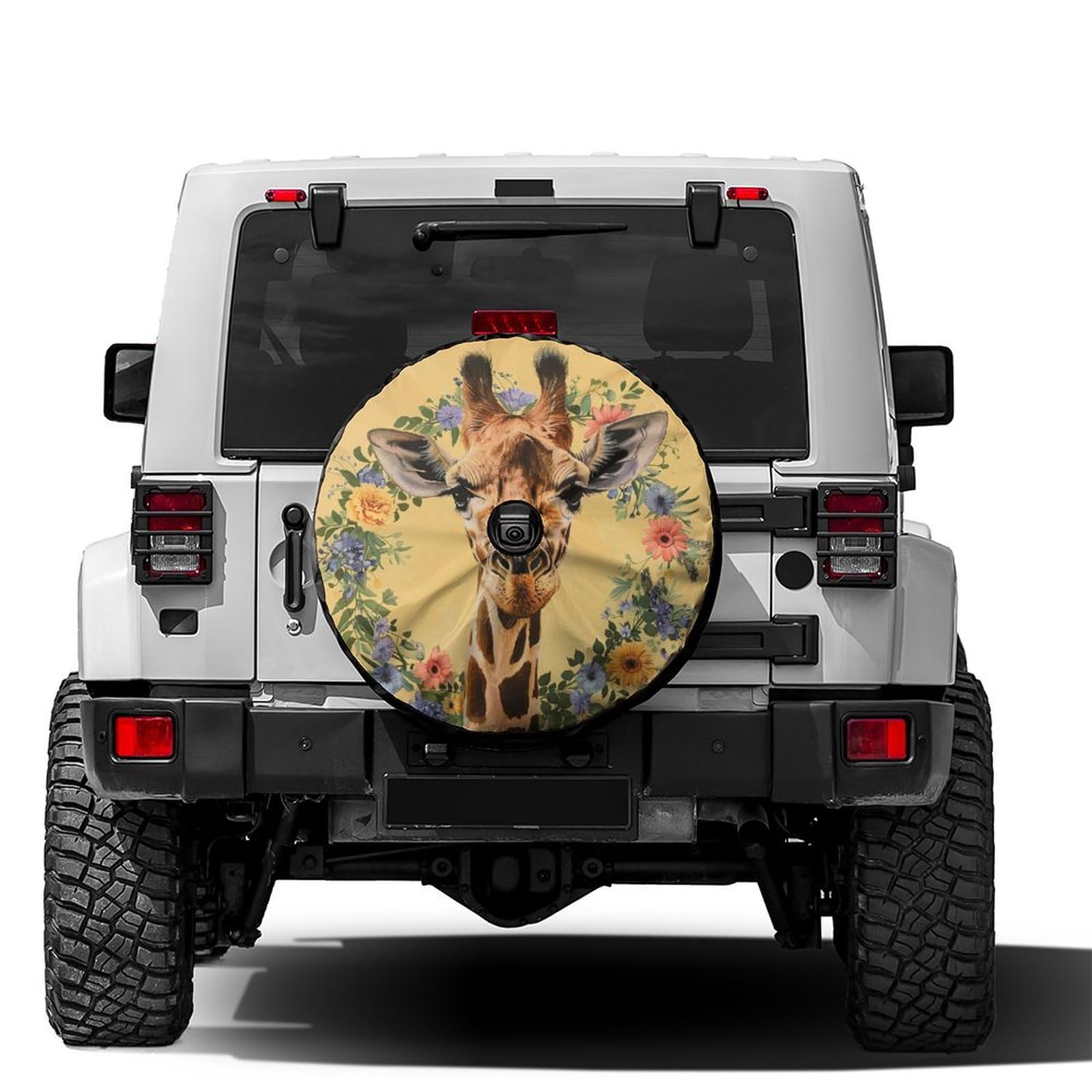 Dujiea Giraffe with Flowers Wreath Spare Tire Cover with Backup Camera Hole, Universal Wheel Tire Cover Tire Protectors for Trailer RV Van SUV Truck Camper and Many Vehicle 14inch