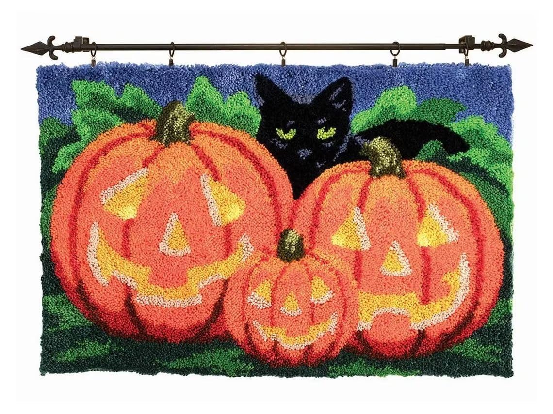 ROCKY&CHAO Latch Hook Kit for Adults & Kids Complete DIY Rug Making Craft Kits with Yarn & Canvas and Crochet Needle, Adult Craft Kits for Women, Relaxing Home Art Project - Pumpkin 50x38cm — image 1