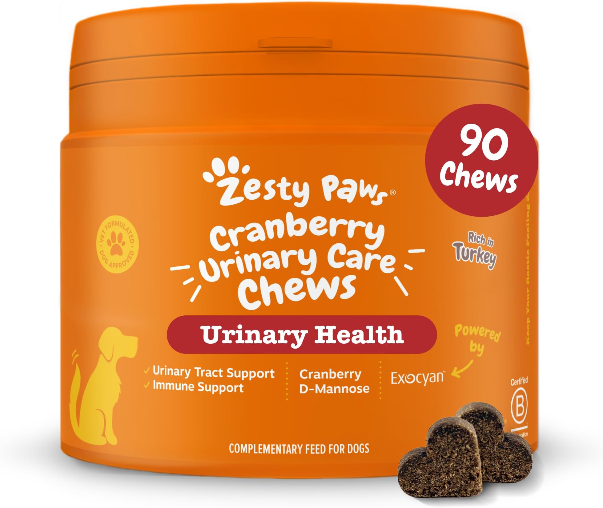 Zesty Paws Urinary Care Chews for Dogs | Supports Urinary Tract & Immune Function, Maintain pH Balance, Helps Incontinence | Contains Cranberry Powder, D-Mannose, Vitamins C| Turkey Flavour | 90 Chews