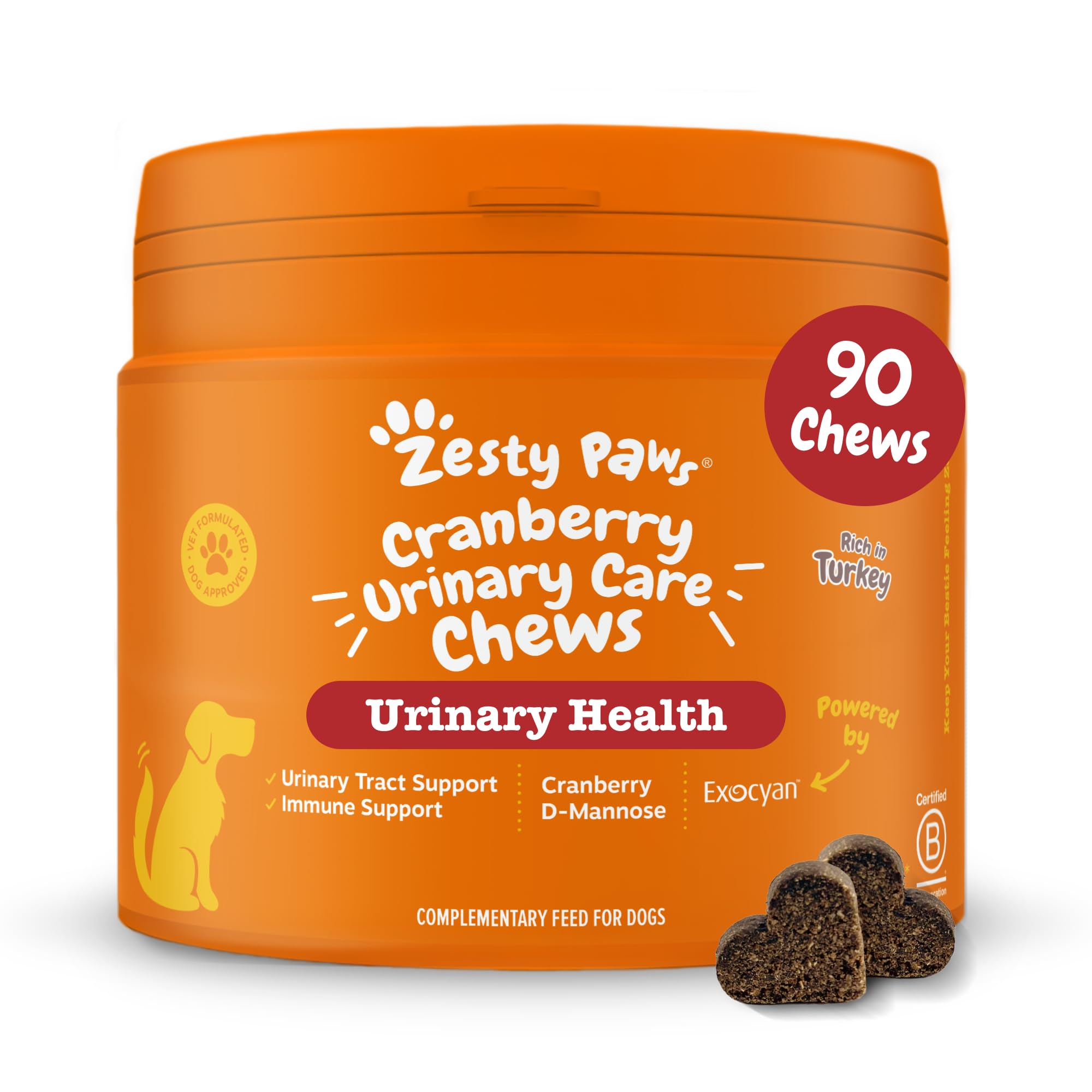 Zesty Paws Urinary Care Chews for Dogs | Supports Urinary Tract & Immune Function, Maintain pH Balance, Helps Incontinence | Contains Cranberry Powder, D-Mannose, Vitamins C| Turkey Flavour | 90 Chews