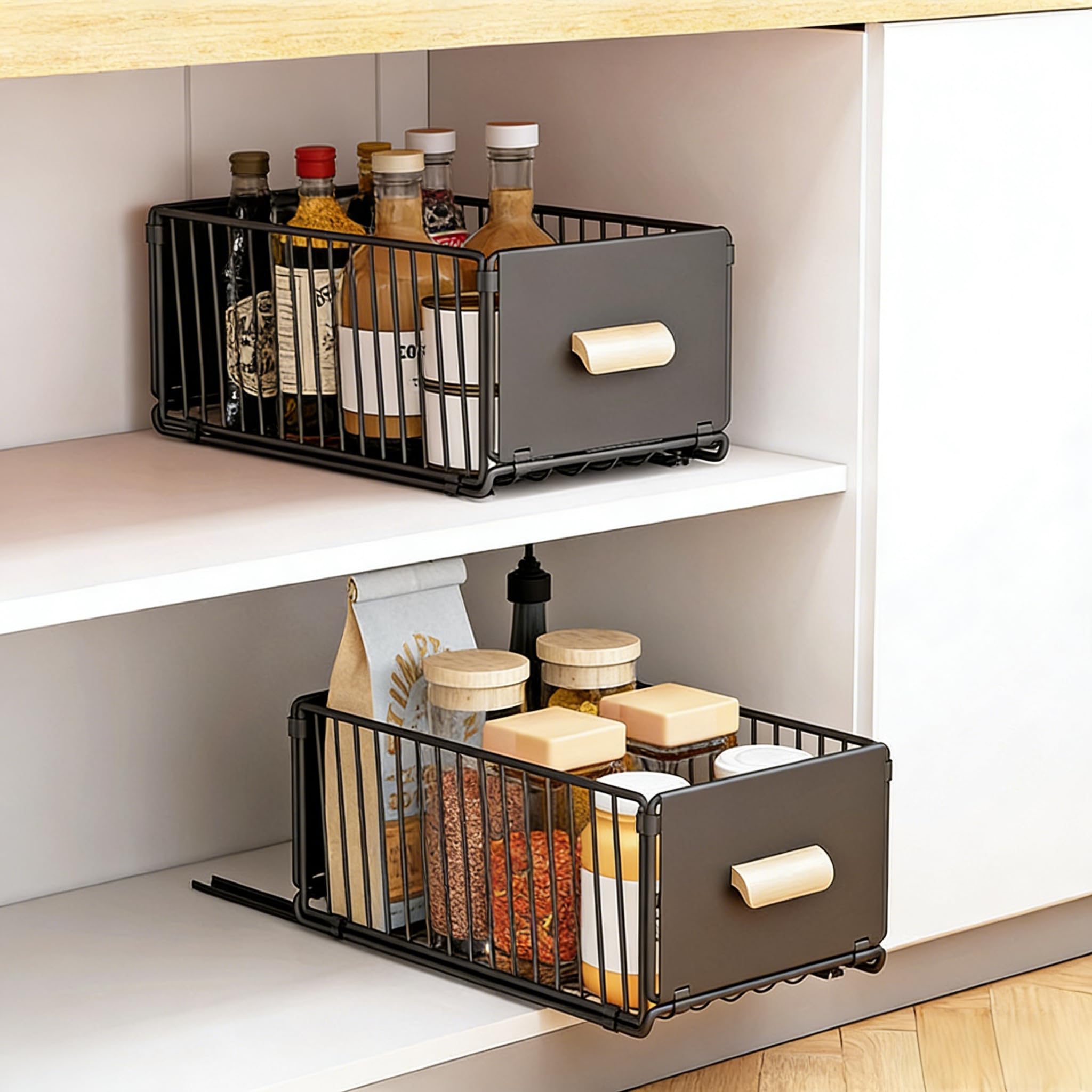 basohallrd 2-Pack Under Sink Organizer – Pull-Out Kitchen Cabinet Storage with Silent Sliding, Metal Shelf for Kitchen & Bathroom, Black