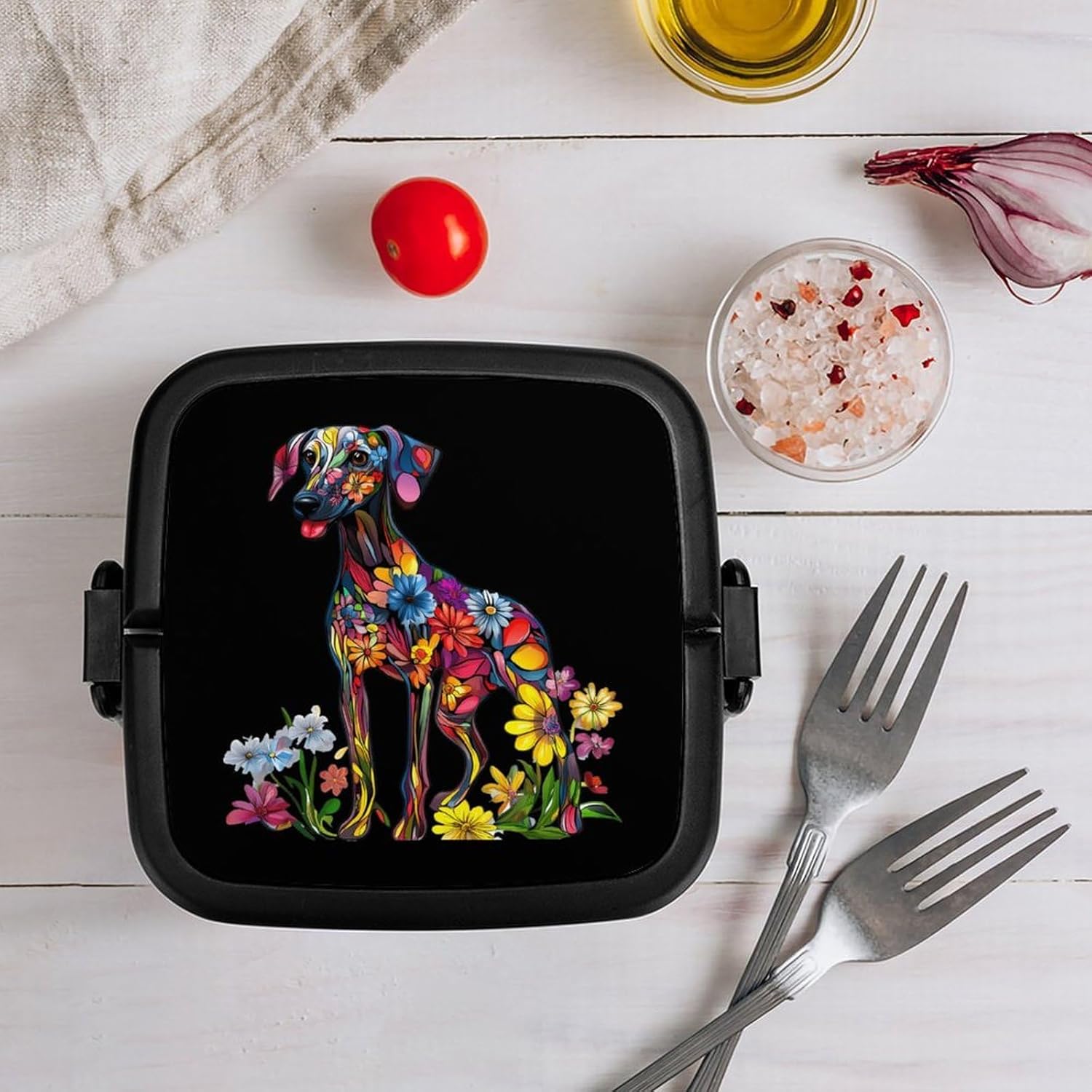 Floral Print Greyhound Dog Bento Box with Spoon 2 Layer Food Container Cute Lunch Box for Travel Dining Work