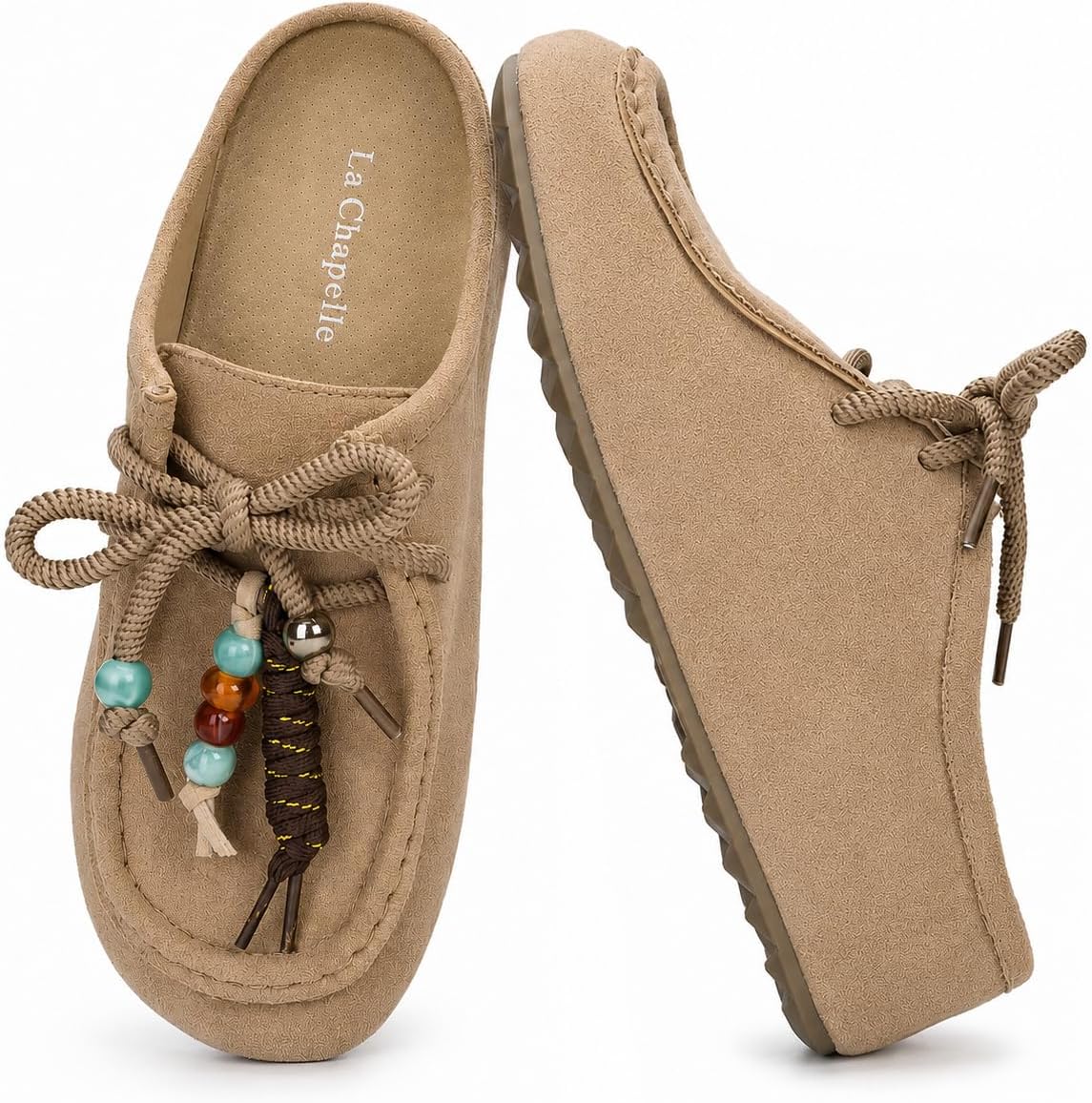 La Chapelle Women's Moccasin Mules 5cm Hidden Wedge Backless Slip-On Platform Casual Loafers with Detachable Beaded