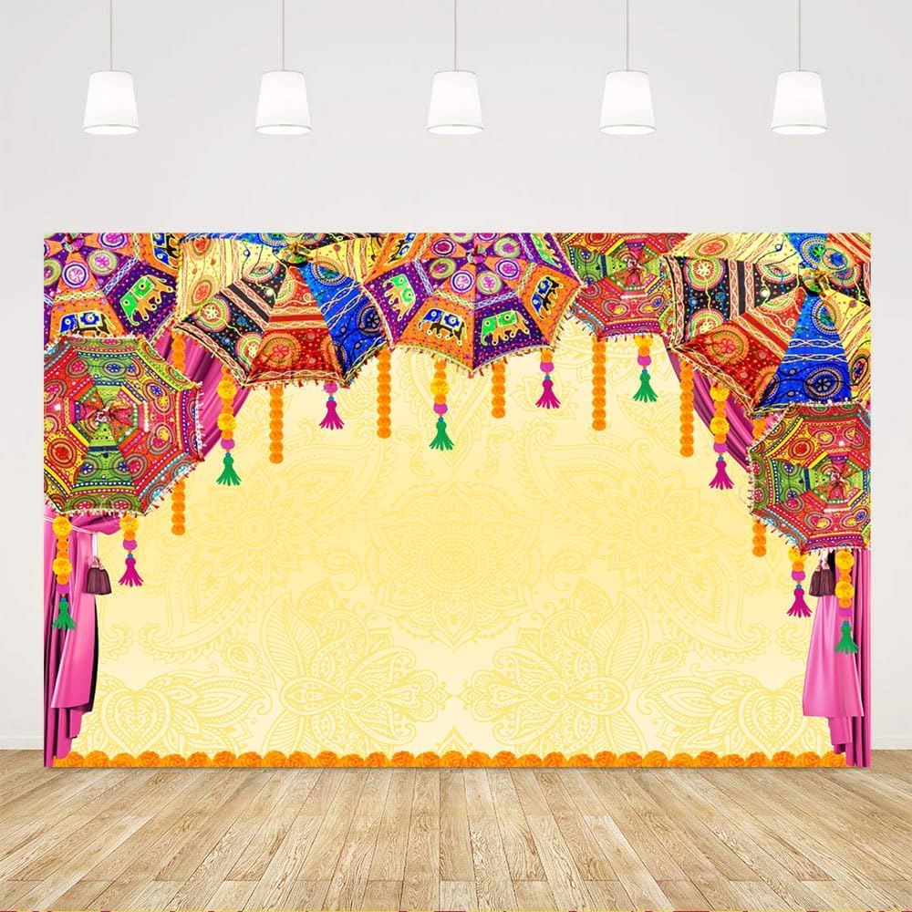 Ticuenicoa 5x3ft Indian Traditional Backdrop Indian Colorful Embroidered Umbrella-Wedding Background Bridal Shower Party Decorations Photo Booth Props