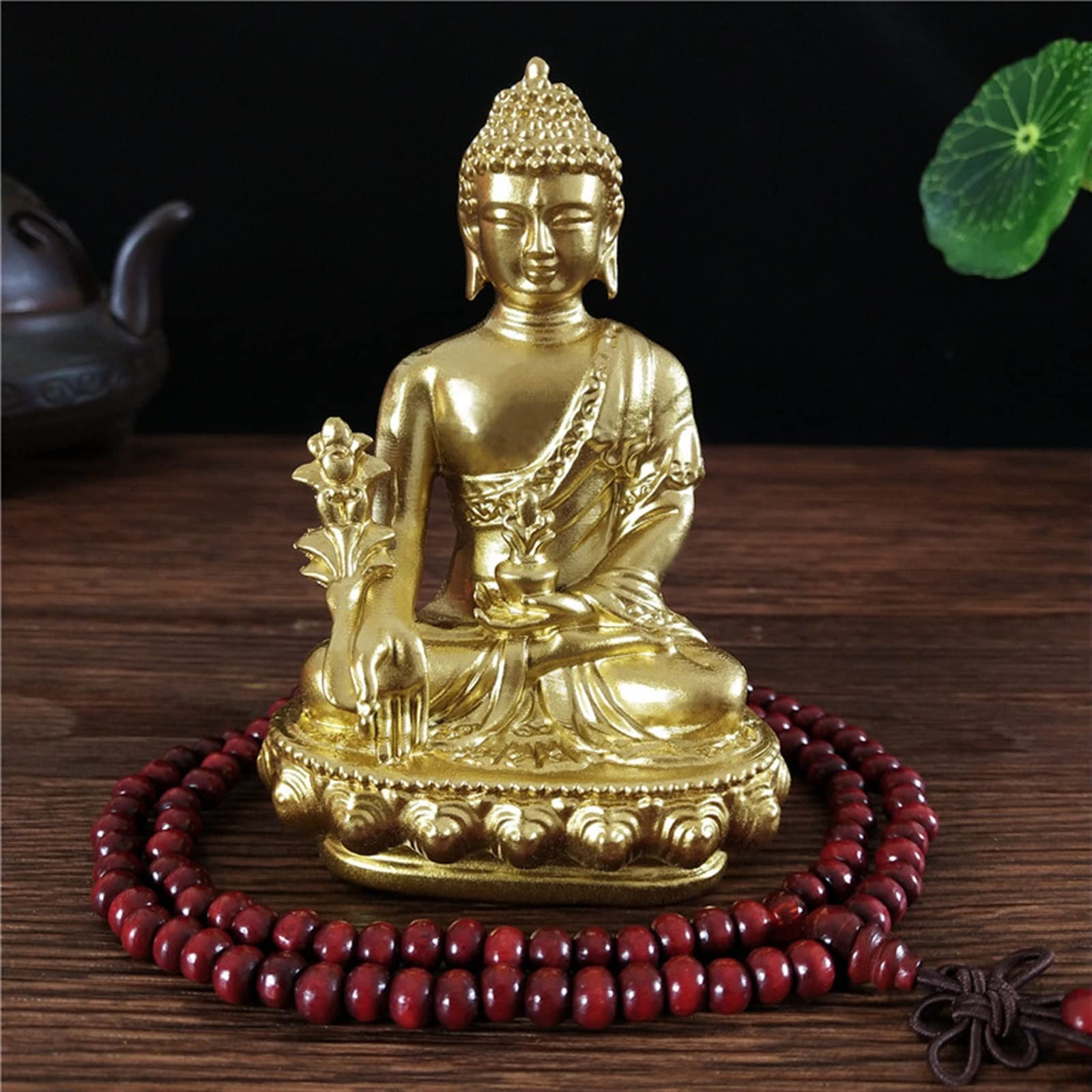 XJBTBA Posągi Buddy do wystroju wnętrz Mini figurka Buddy Kolor brązu Medycyna Posąg Buddy Z naszyjnikiem Ozdoba Żywica Feng Shui Rzeźba Buddy Biuro w domu Dekoracja ogrodowa Prezent Posągi Buddy f