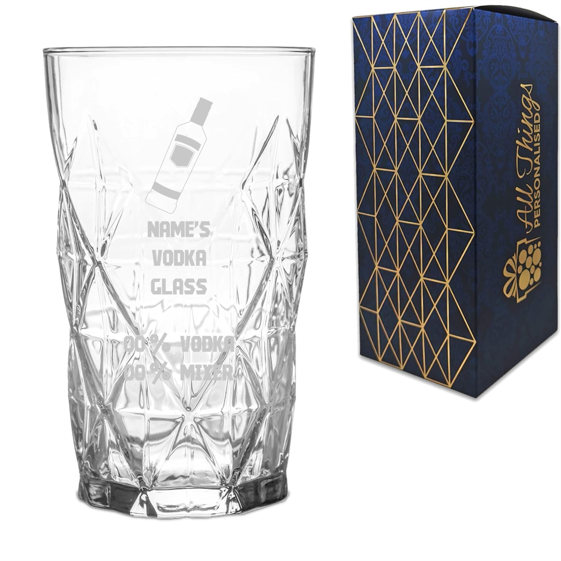 Personalised Engraved Funny Novelty Vodka Keops Hiball Tumbler Glass with 'Name's Vodka Glass and Mixer' Design, Customise with Any Name Mixer and Vodka Percentage, Gift Box Included, Laser Engraved