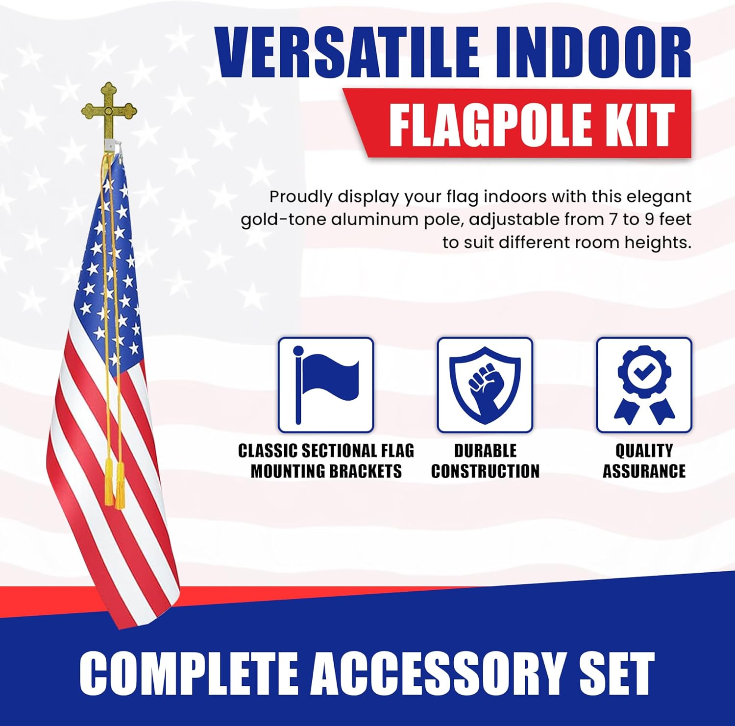 Super Tough Indoor Flag Pole kit 7ft - Plastic Cross - Gold Texture Base - Aluminum Flagpole with Brass Finish - Heavy Duty Inside House Flagstaff - Interior Shaft and Stand - No Ensign Included