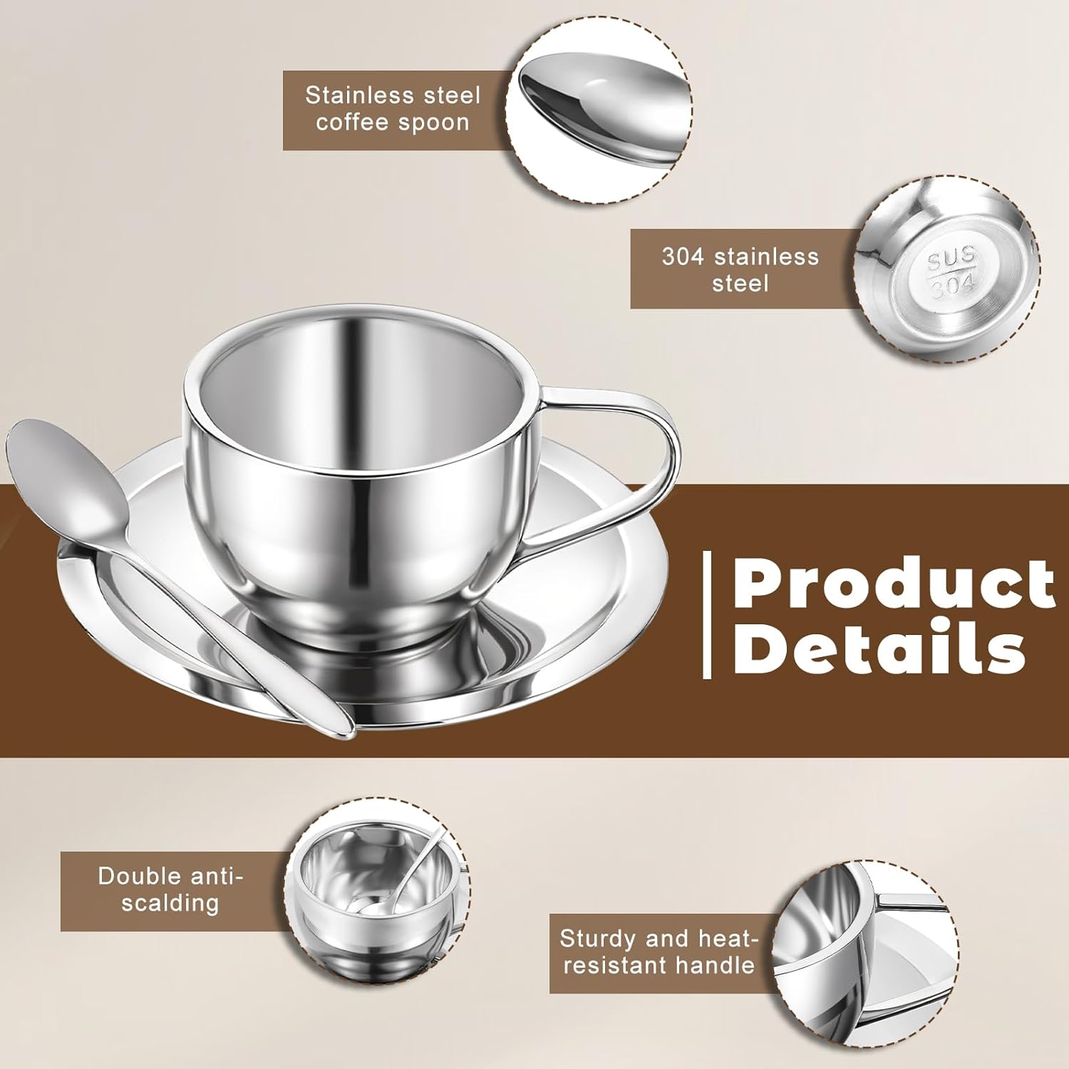 4 Pack Stainless Steel Coffee Cup Set, 6oz Insulated Espresso Cups with Spoon and Saucer, Stainless Steel Double Walled Coffee Mugs for Latte, Cappuccino, Tea, Milk