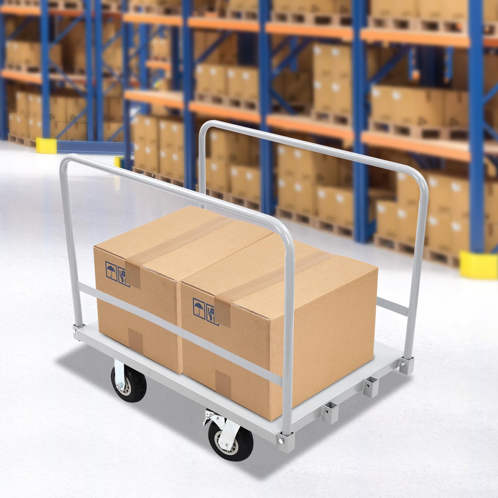 Pull Push Cart Dolly, 2000 Lbs Capacity Panel Truck Cart Moving Platform Hand Truck, 36x 24 x 30.55 Inch Swivel Wheels Flatbed Cart 2 Side Handrails