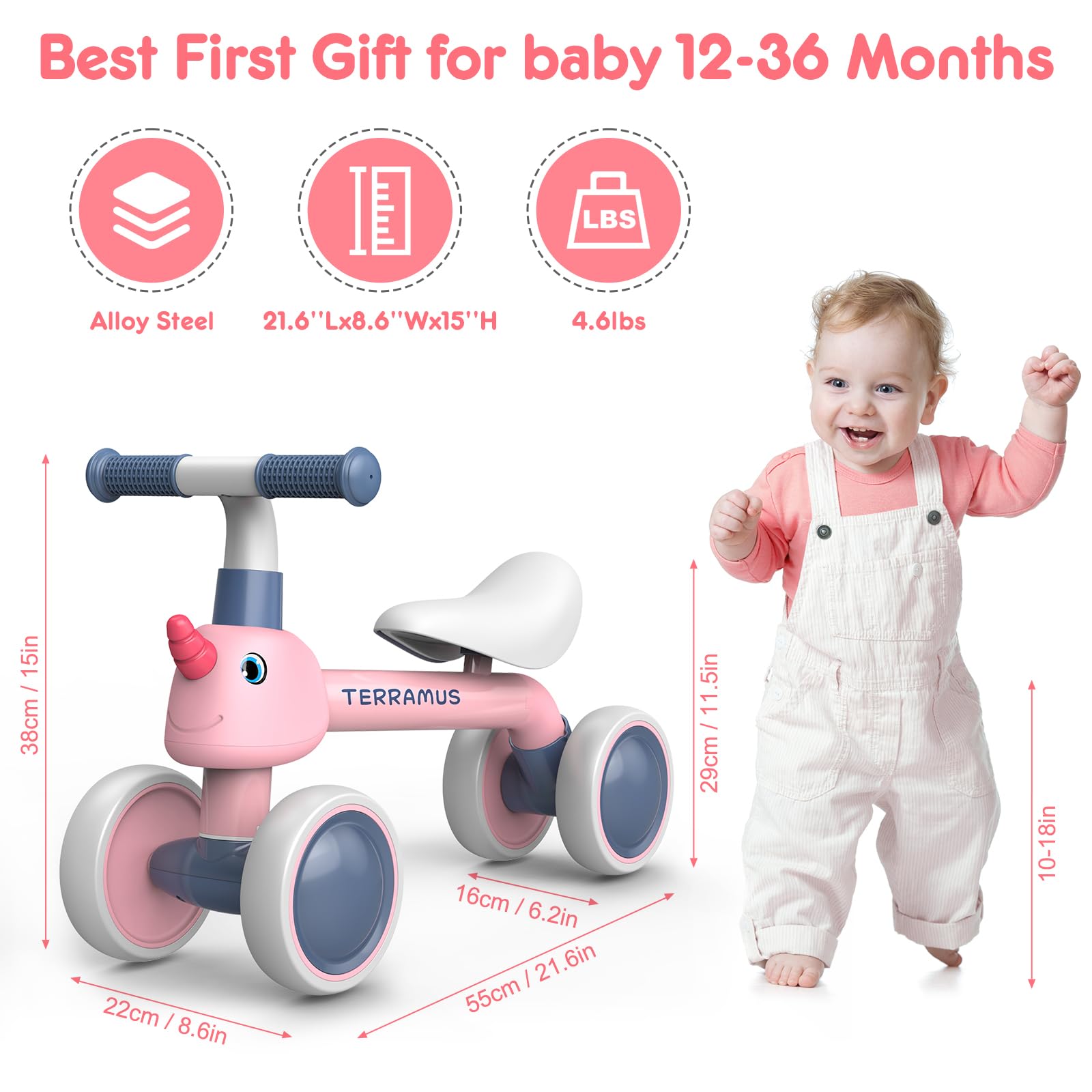 TERRAMUS Baby Balance Bike for 1 Year Old Gifts Boys Girls - Toys for 12-24 Month Toddler Balance Bike, No Pedal 4 Wheels Infant Baby Walker Pre-School First Riding Bike, Best First Birthday Gifts