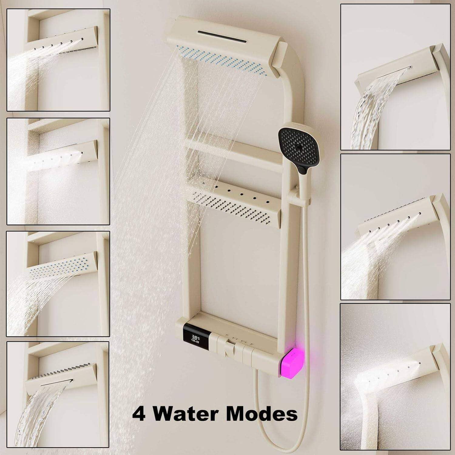 Torre de panel de ducha con cabezal de lluvia, chorros de cuerpo y estante, accesorio de baño de acero inoxidable