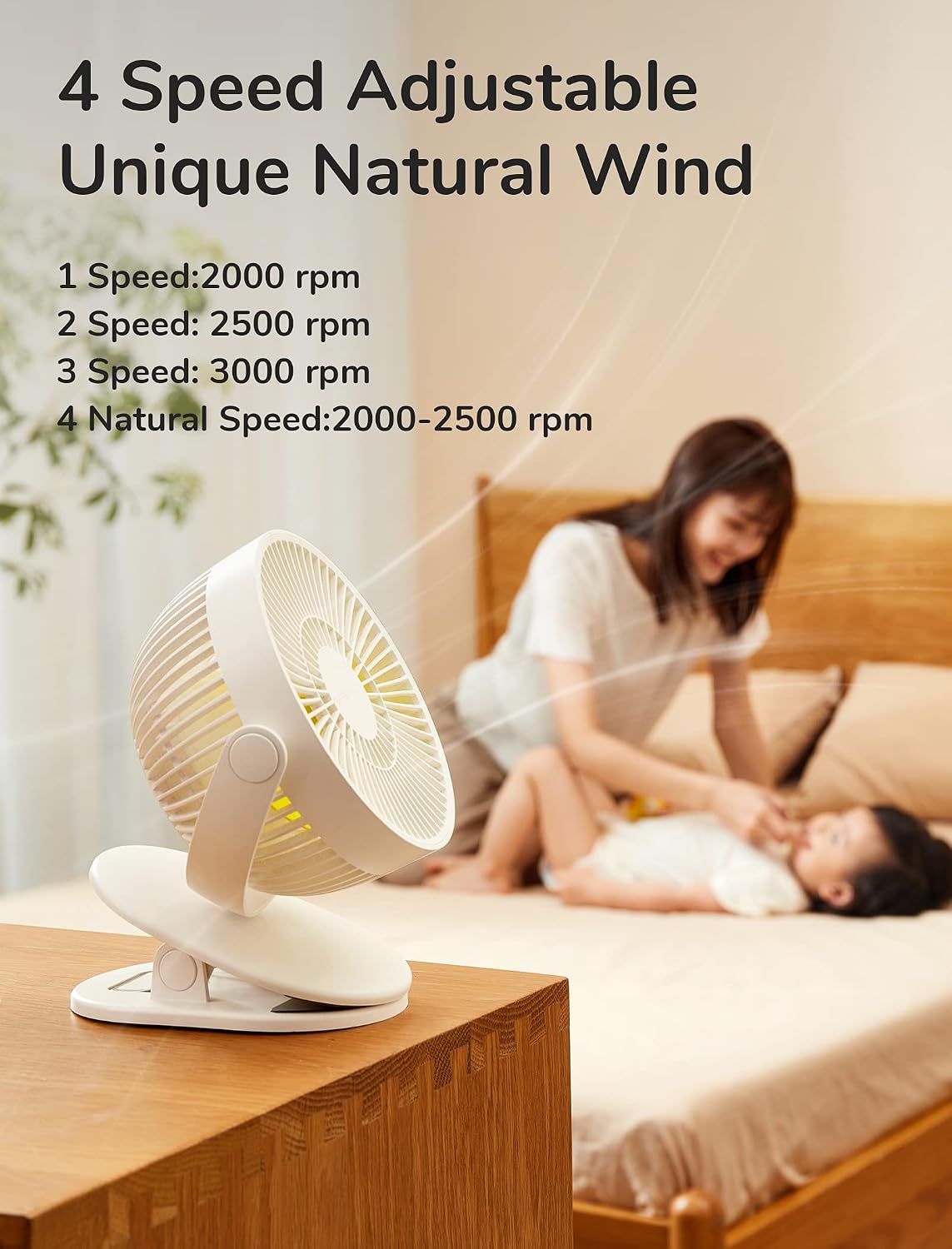 JISULIFE Clip on Baby Stroller Fan, 4000mAh Battery Operated, Portable Personal Small Fan, Quiet & Narrow Slot Design, 4 Speeds, Max 14 Hrs, Ideal for Bed, Desk, Car Seat - Milky White