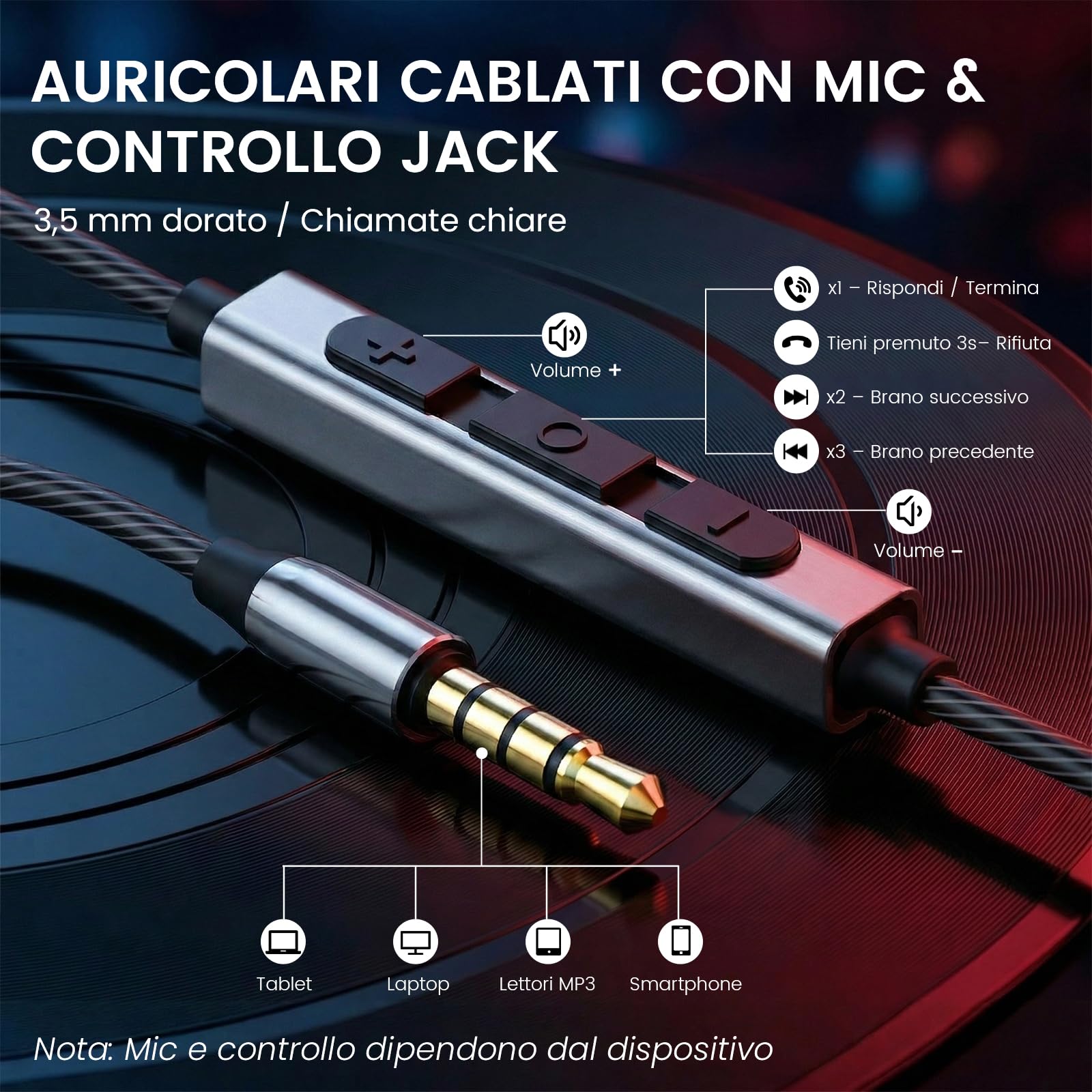 HIFI WALKER Auricolari Cablati con Microfono, Auricolari In-Ear Jack da 3,5 mm con Controllo in Linea, Struttura in Alluminio, Riduzione del Rumore per Laptop, PC e Tablet