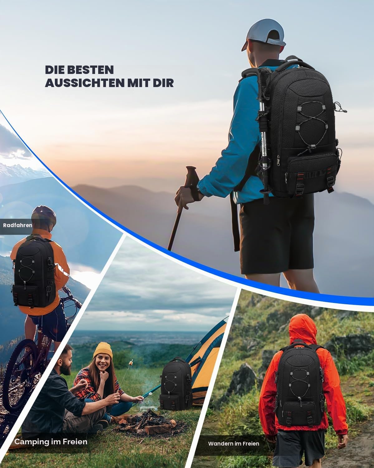 Besttravel Reiserucksack, 45 l, wasserdicht, große Kapazität, für Laptop 43,9 cm (17,3 Zoll), Trekking, Herren, Damen, für Sport im Freien, Camping – Schwarz