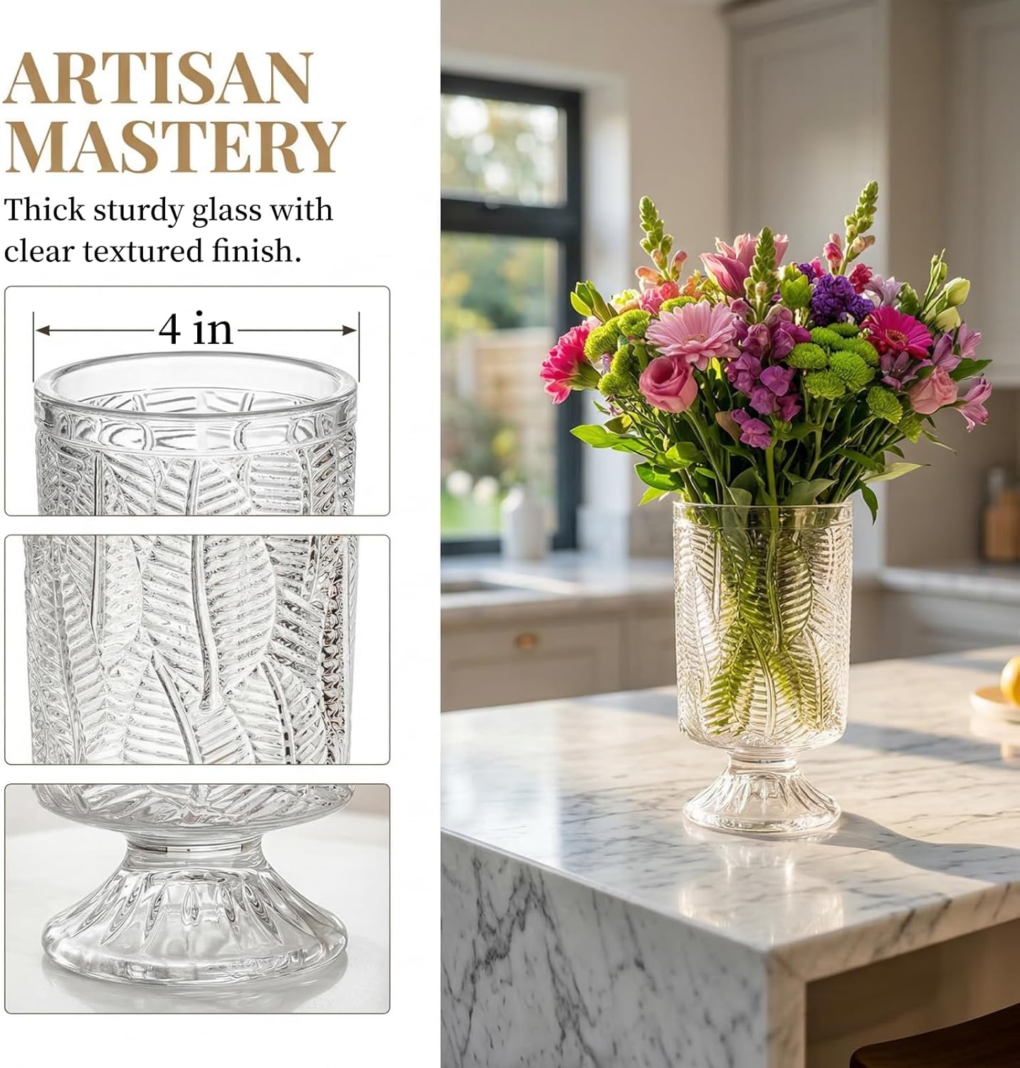Pumtus 3 Pack Flower Vases for Centerpieces, Vintage Glass Pedestal Vase Set, Decorative Embossed Big Base Vase, Clear Hurricane Candle Holder, Medium Cylinder Vase for Wedding, Home, Party, Office