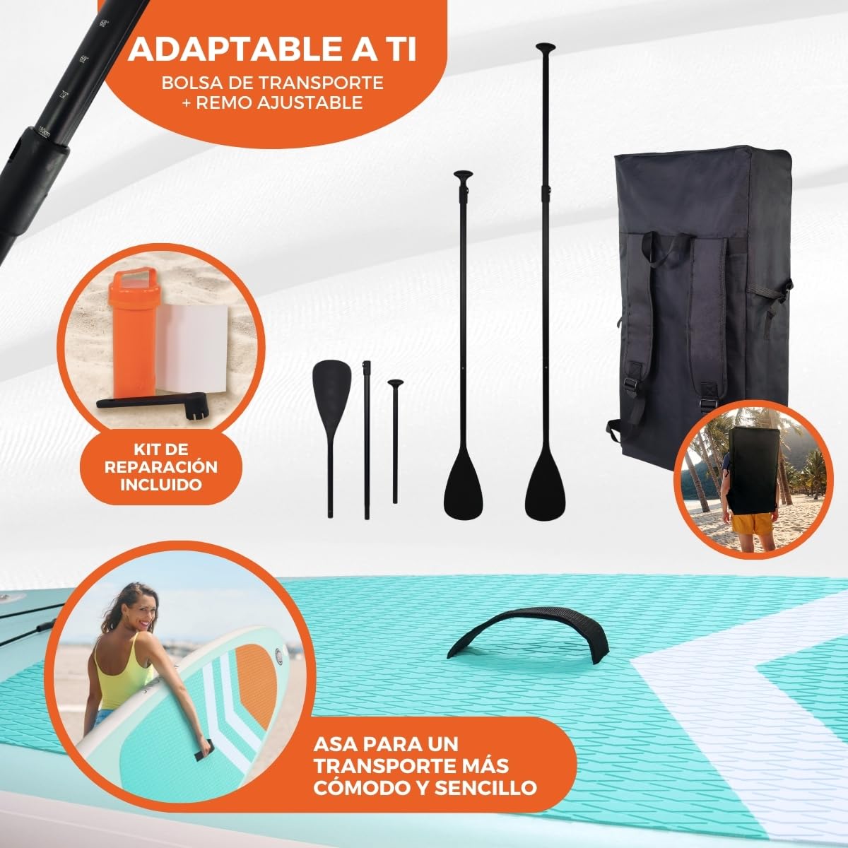 Mobiclinic®, Tabla de Paddle Surf, Hinchable, Incluye Bomba, Mochila, Remo Ajustable, Funda para móvil, Kit reparación, 315x78x15 cm, Plegable, Niños, Adultos y Mascotas, hasta 150kg