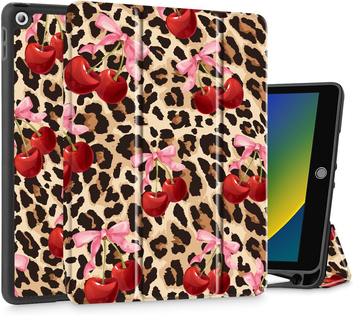 May Chen Case for iPad 10.2 Inch 2021 2020 2019 iPad 9th/8th/7th Generation with Pencil Holder, Slim Stand Protective Case with Soft TPU Back, Auto Sleep/Wake Cover, Cherry & Cheetah