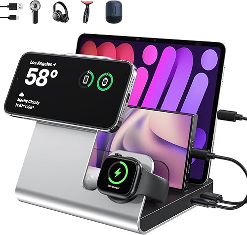 WHJ Estación de carga inalámbrica 5 en 1 para dispositivos Apple, soporte de cargador inalámbrico Mag-Safe, cargador rápido magnético de 15 W para