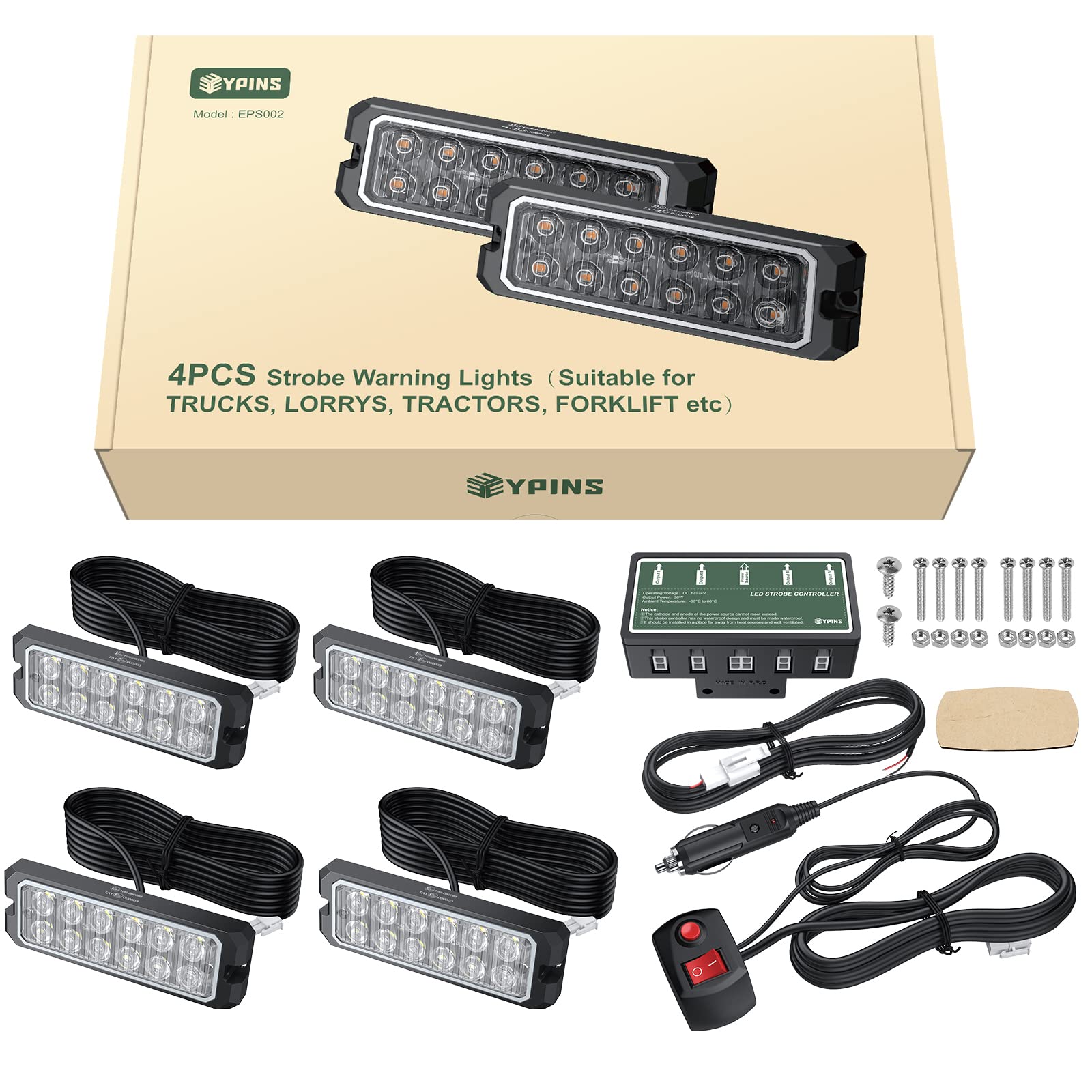 EYPINS 4x Feux de Pénétration à 12 LEDs - 48W Étanche IP68 12/24V Orange - Prise Allume-Cigare 8 Modes Flash Lampe Stroboscopique d'Urgence pour Remorque/Caravane/Van/Camion - CE&ROHS