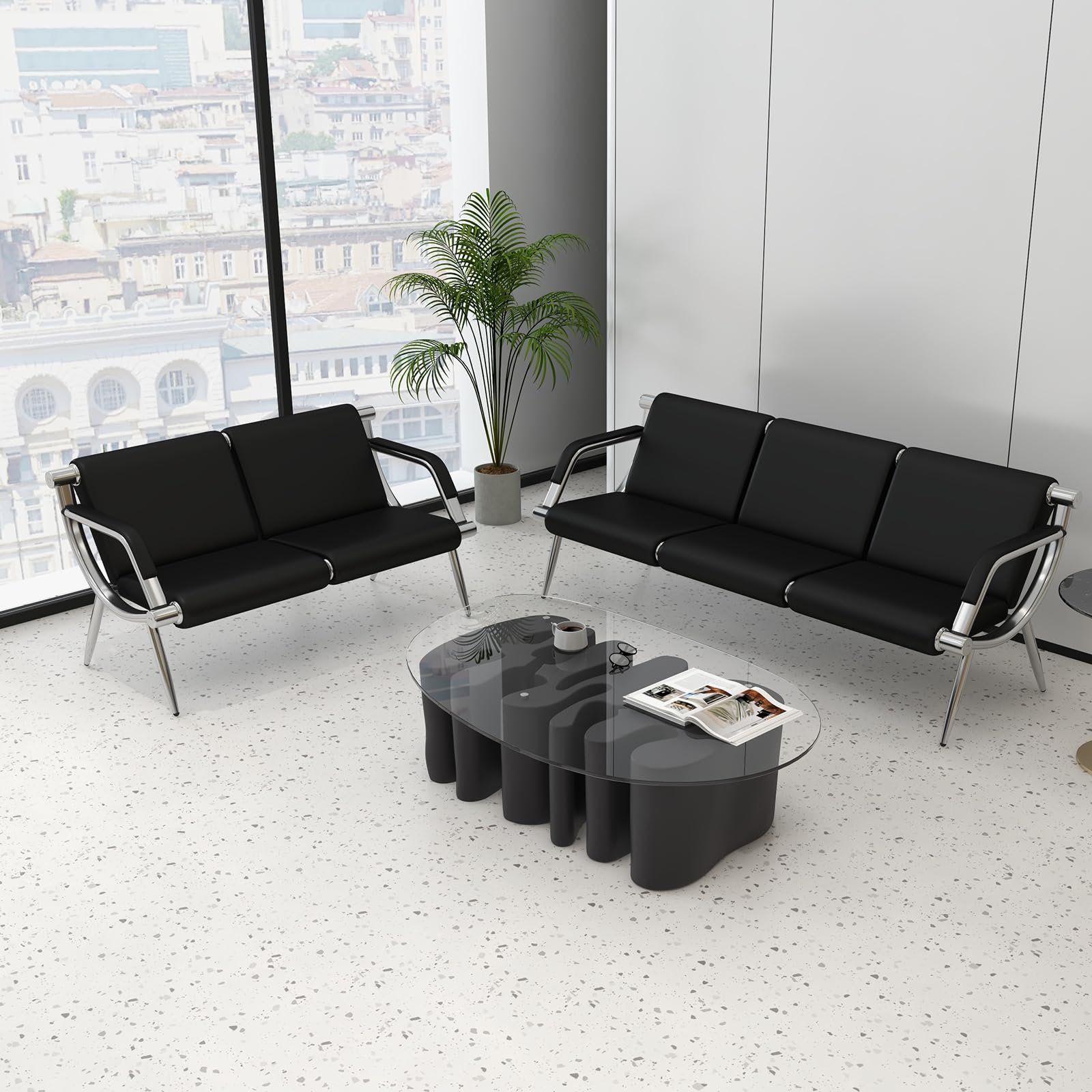 Sangsan Waiting Room Chairs - PU Leather Airport Reception Benches with Padded Arms, 5 Seat Office Guest Chairs for Salon Bank Salon Clinic, Black