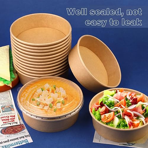 Miniatura 5 de 50 cuencos de ensalada desechables de 17 onzas con tapas, cuencos de papel desechables de 16.9 fl oz con tapas transparentes, recipientes de
