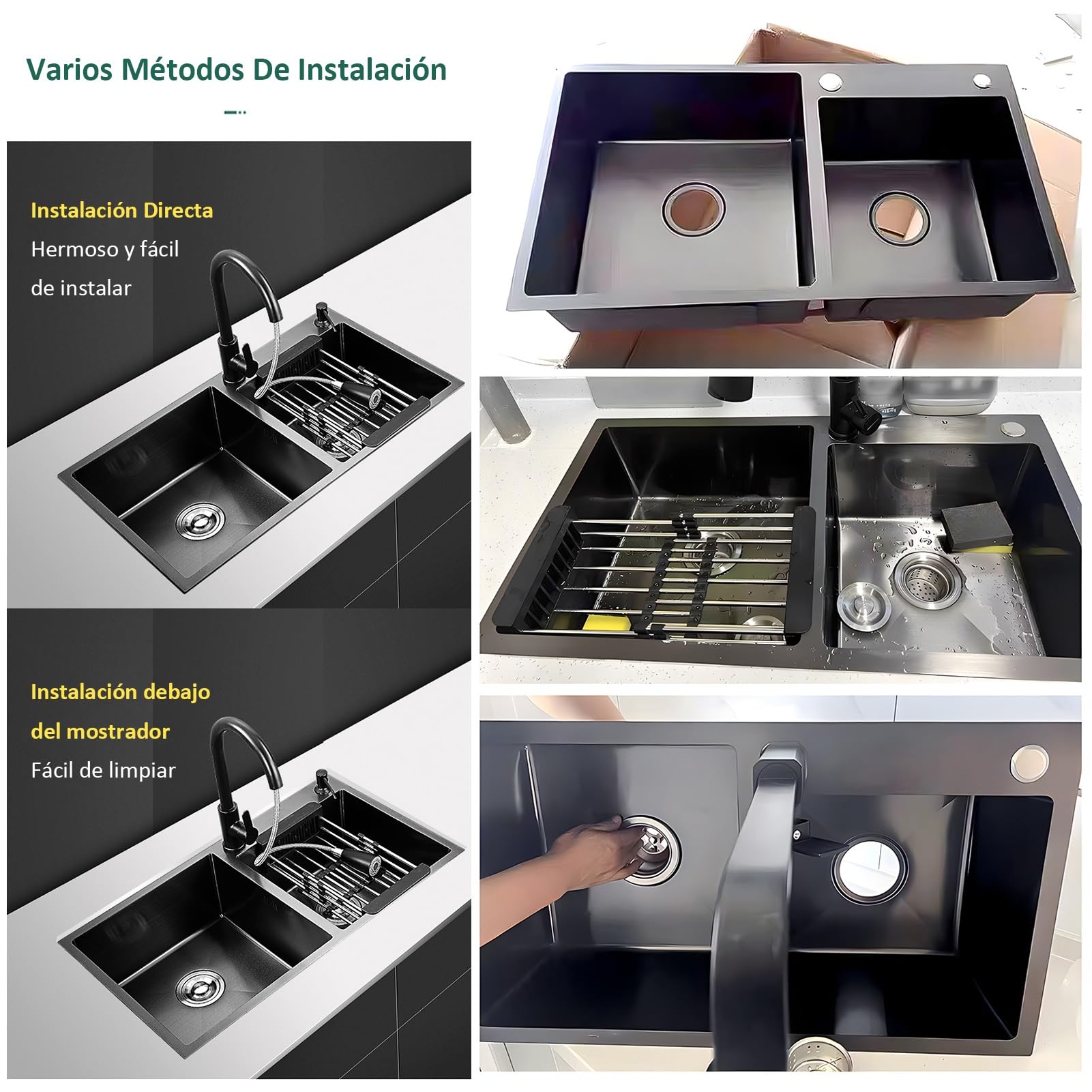 Fregadero de Cocina Negro de Acero Inoxidable 304 con Grifo extraíble, Cesta de desagüe Extensible, dispensador de jabón y Accesorios, Fregadero Doble Grande para Barra, estación d