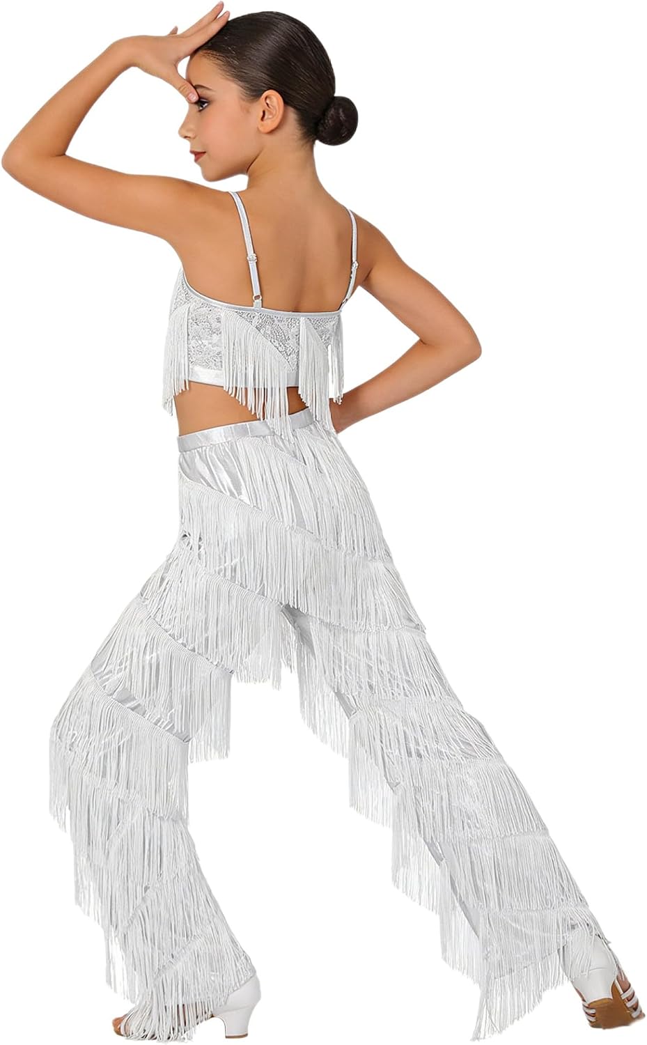 Linjinx Kids Girls 2Pcs Latin Dance Outfits Tassel Camisole Tops with Fringe Pants Modern Salsa Ballroom Dancewear Silver 6 Years