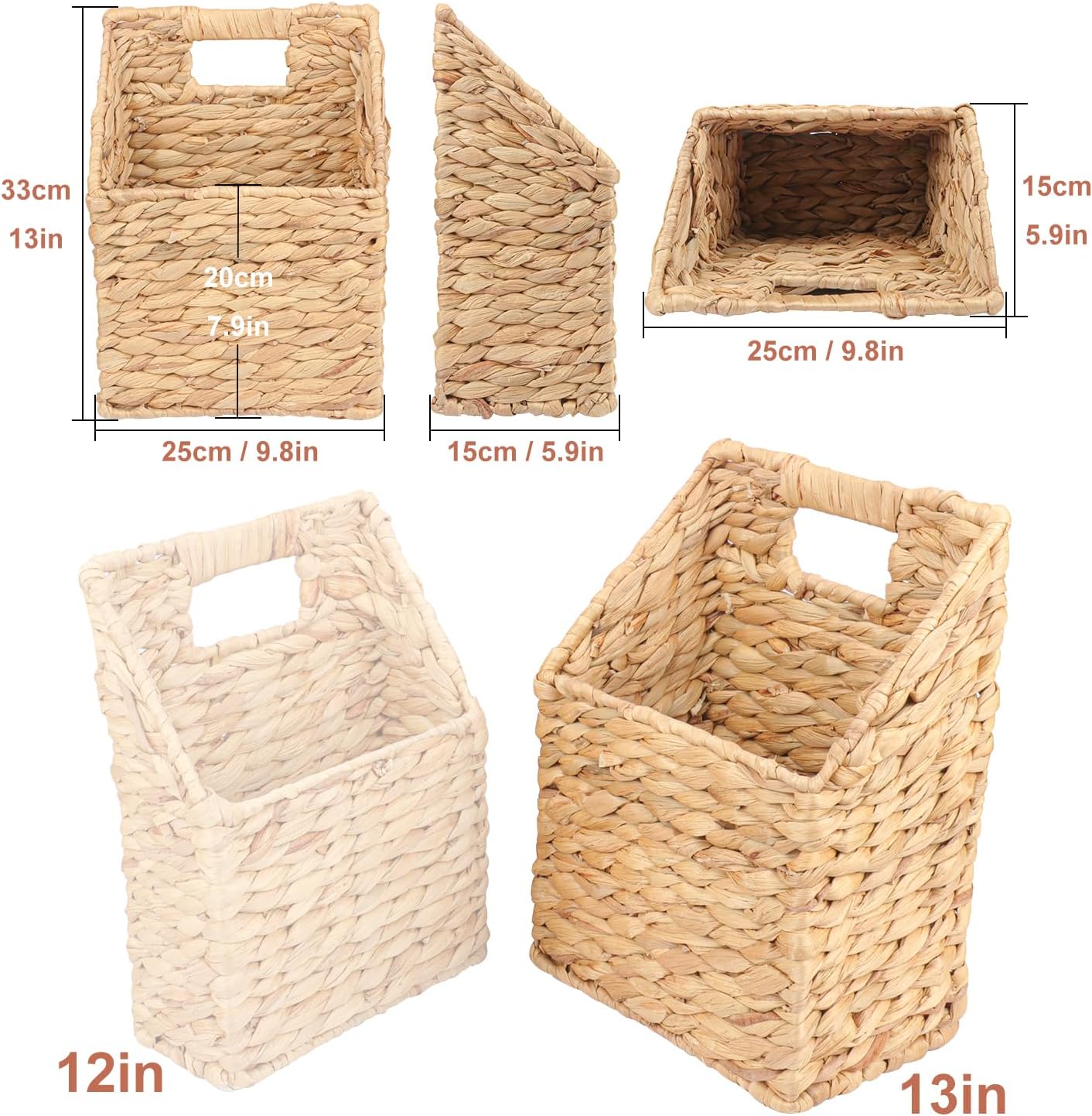 13 Inch Water Hyacinth Wicker Wall Baskets, Hanging Wicker mail Baskets for Wall, Perfect for Storage and Organization, Handwoven Hyacinth Hanging Basket, Rustic Home Decor